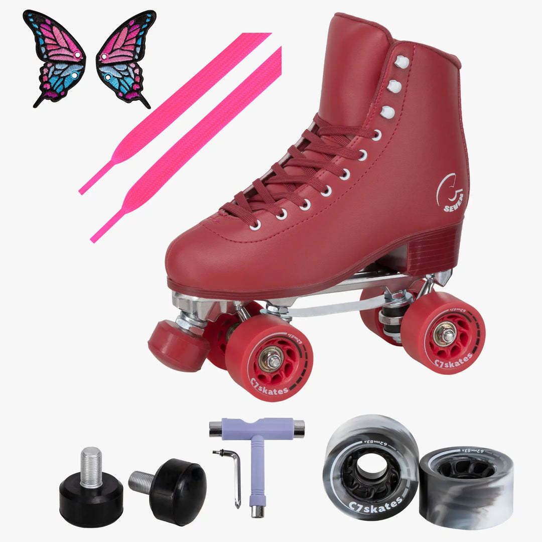 Red roller skate with accessories on a white background