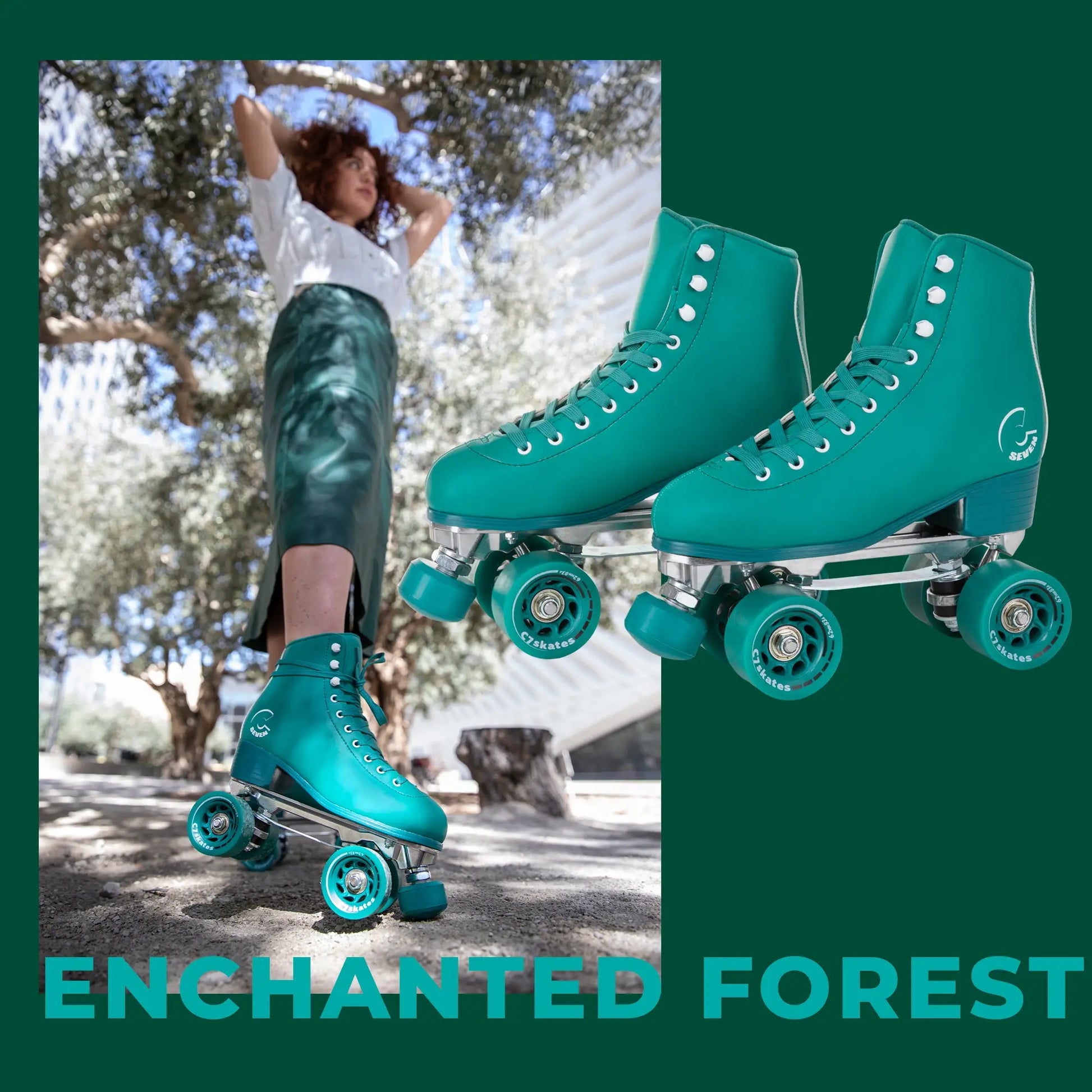 Teal roller skates with 'Enchanted Forest' text overlay on a green background