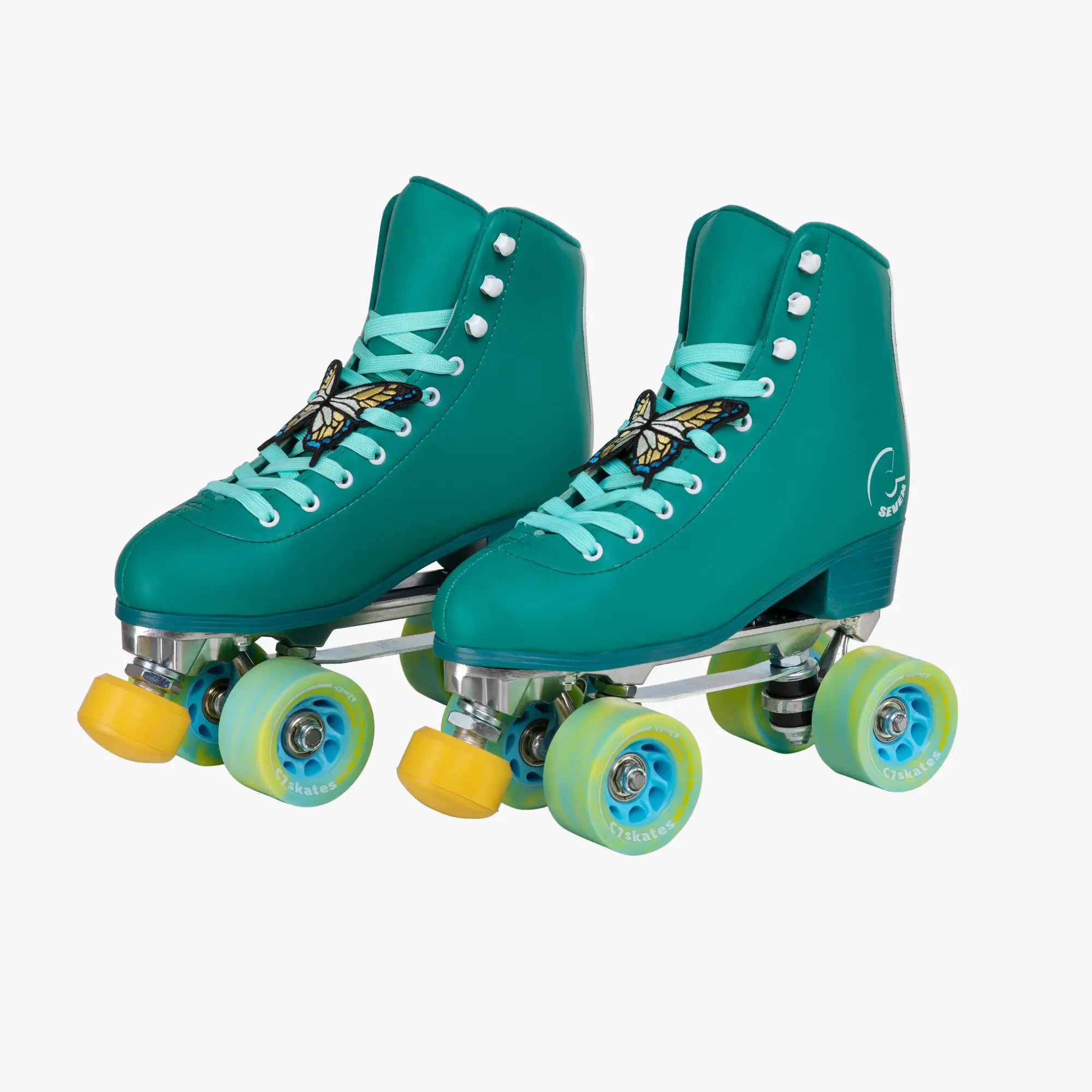 Teal roller skates with yellow and blue wheels on a white background