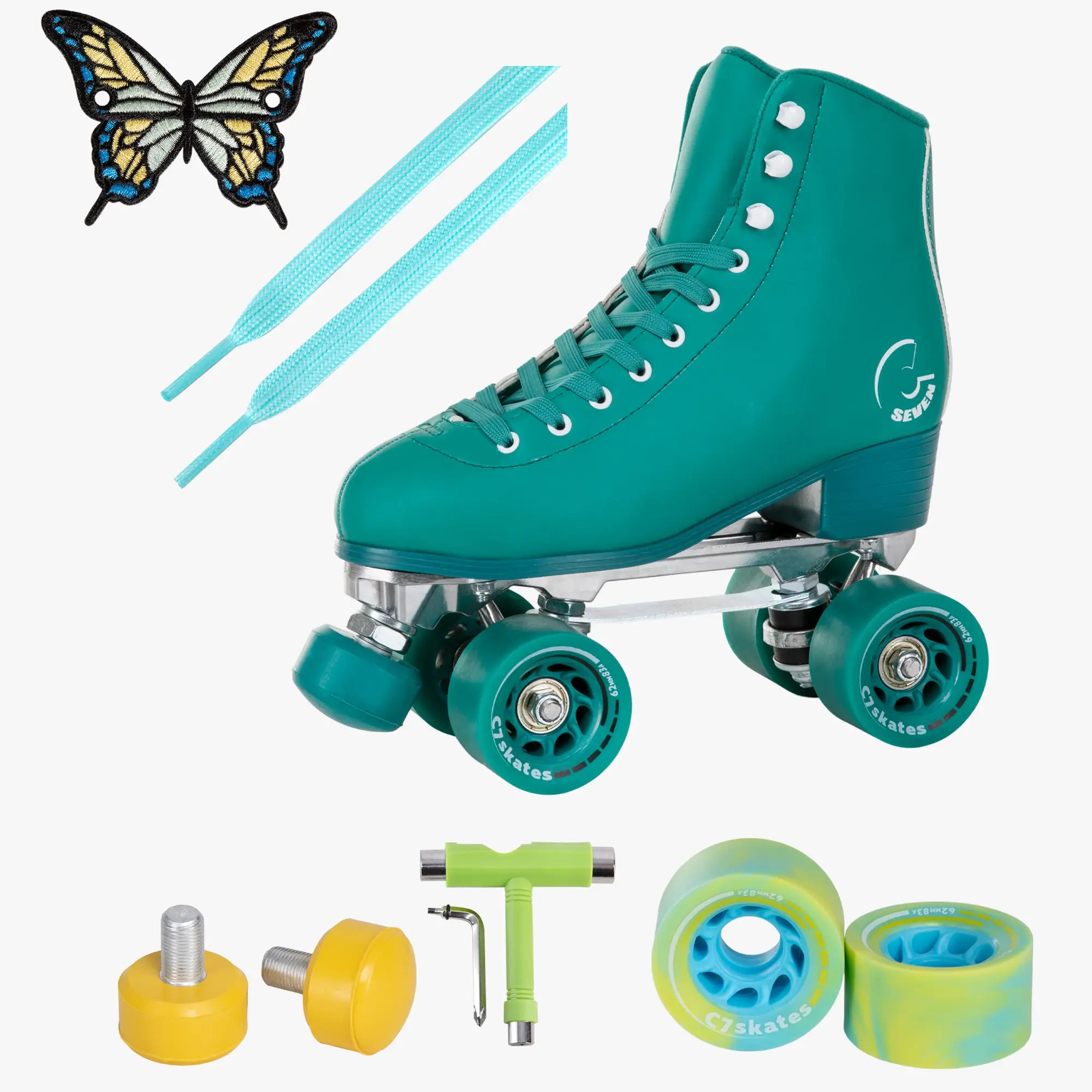 Teal roller skate with accessories on a white background