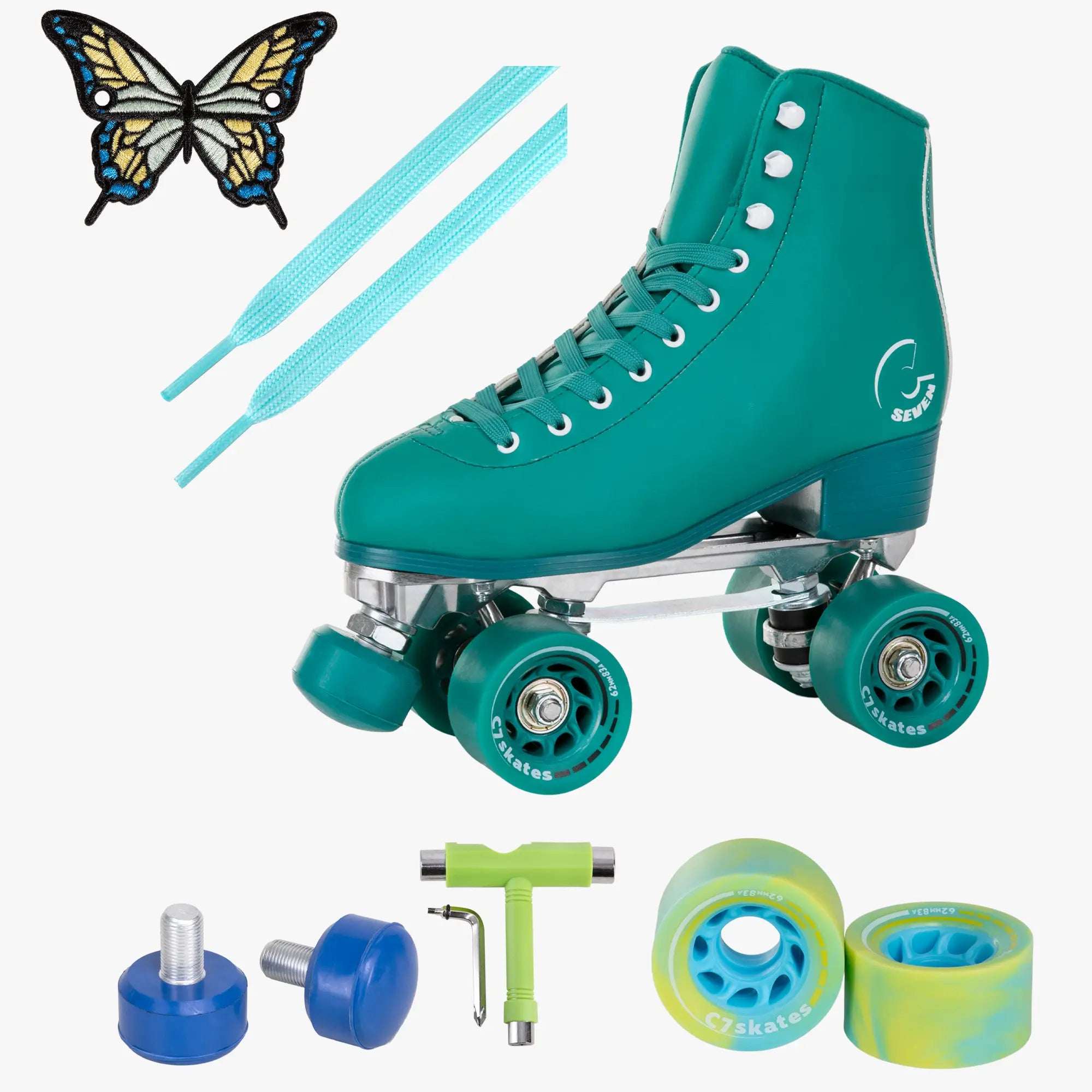 Teal roller skate with accessories on a white background