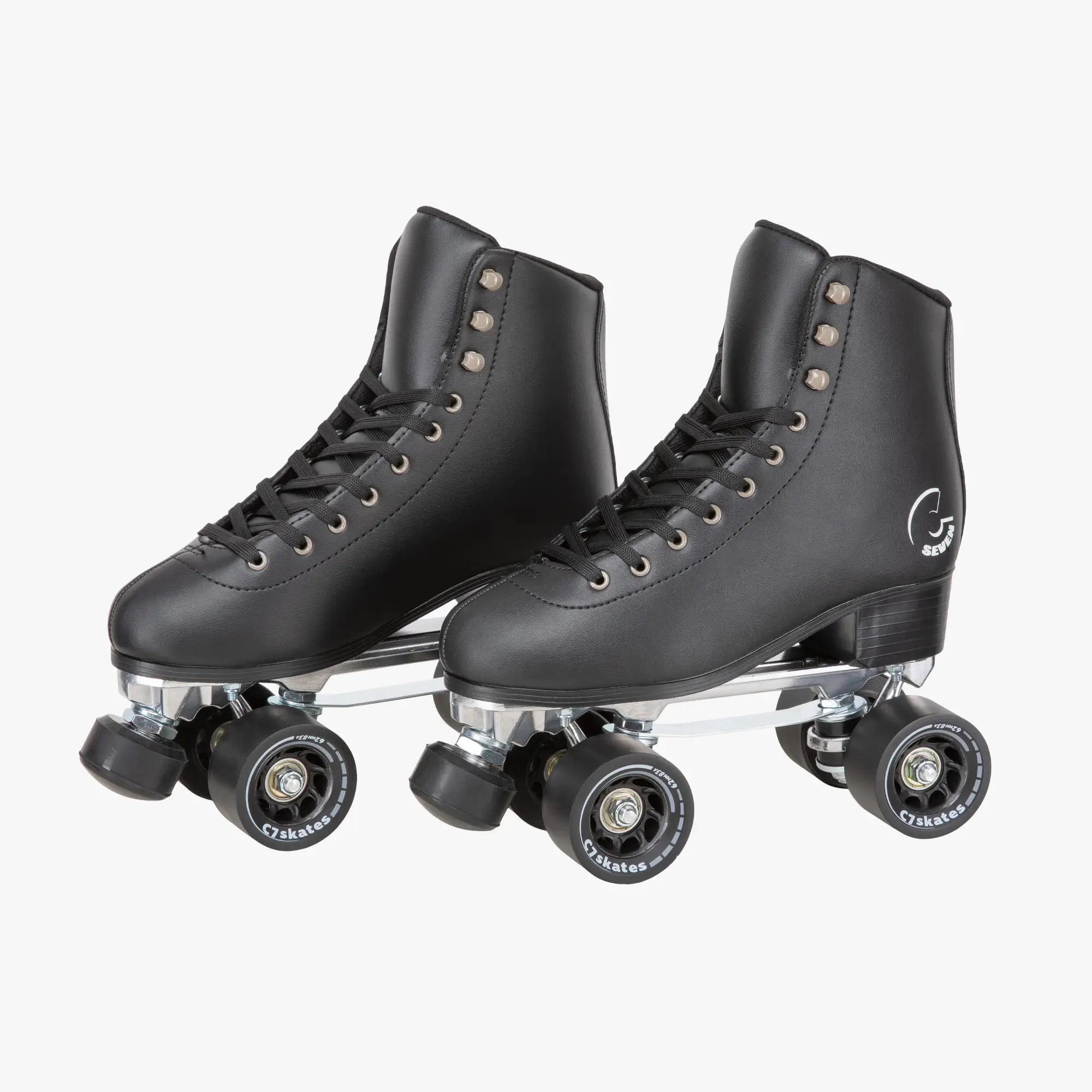 Pair of black roller skates with clear wheels on a white background