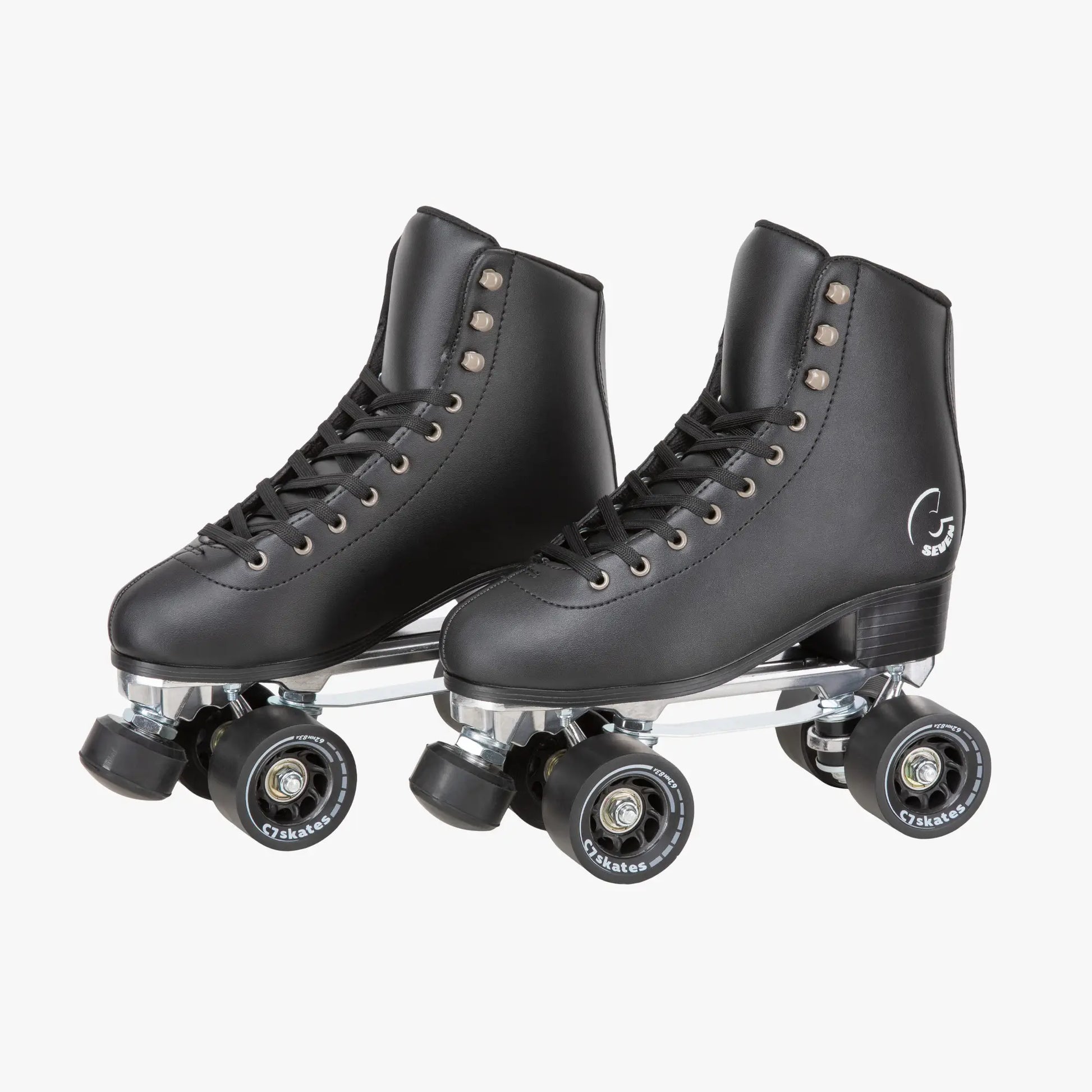 Pair of black roller skates with clear wheels on a white background