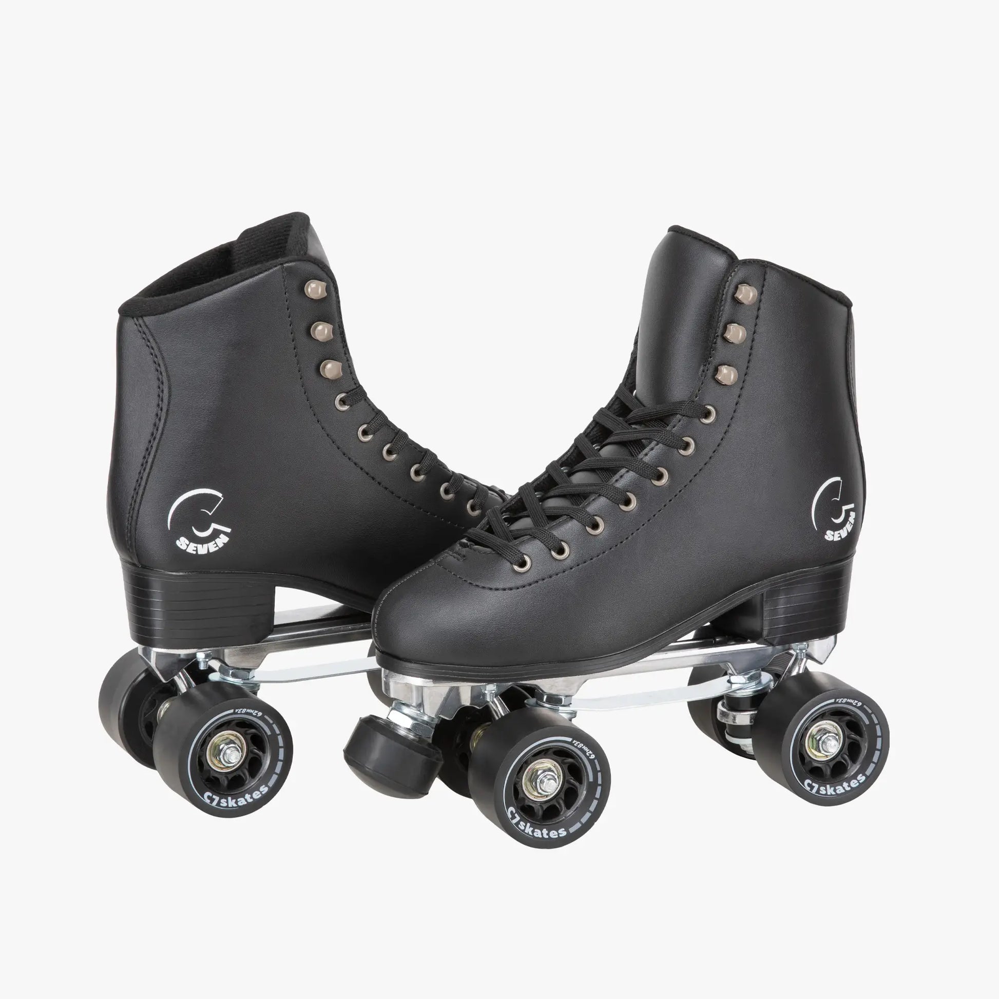 Pair of black roller skates on a white background