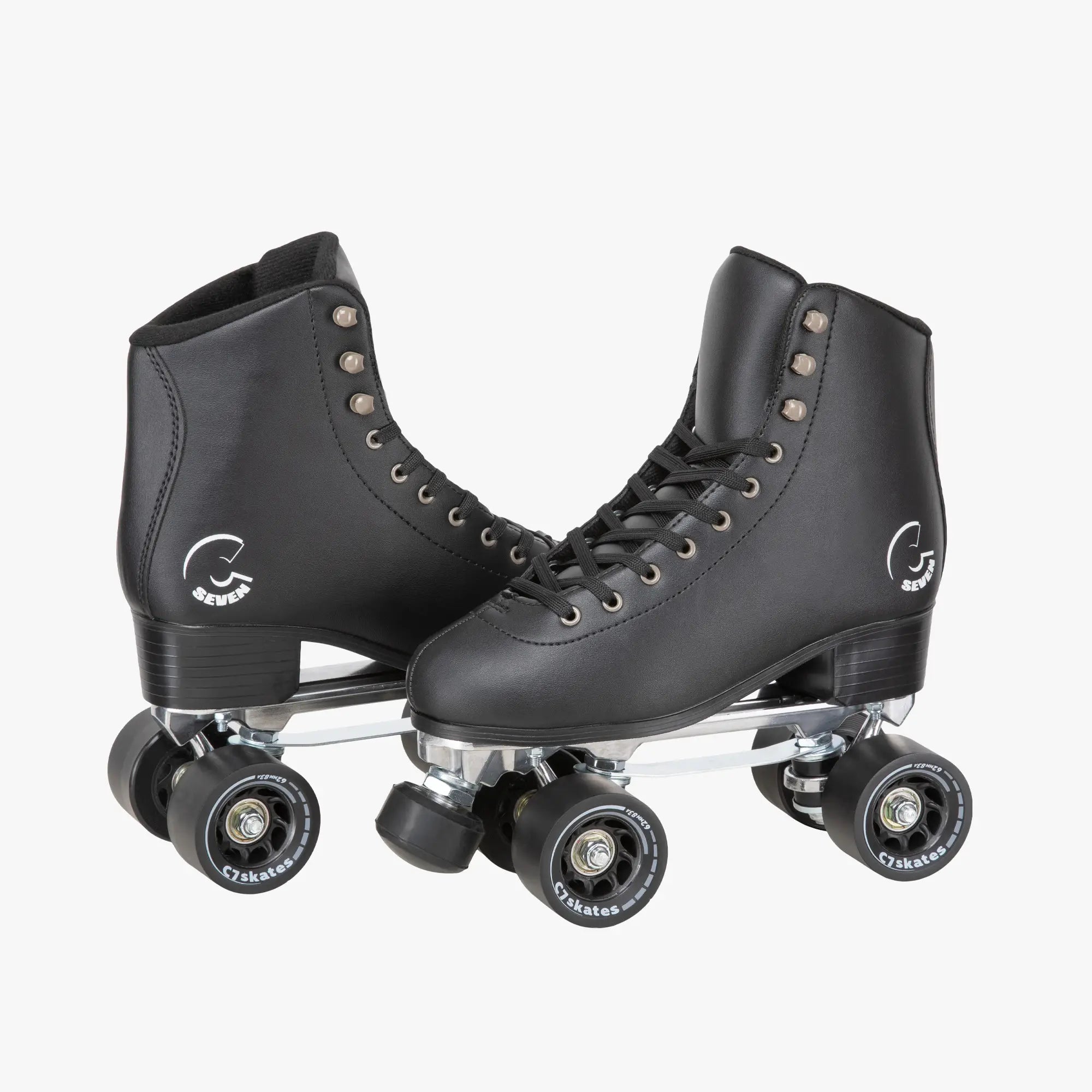 Pair of black roller skates on a white background