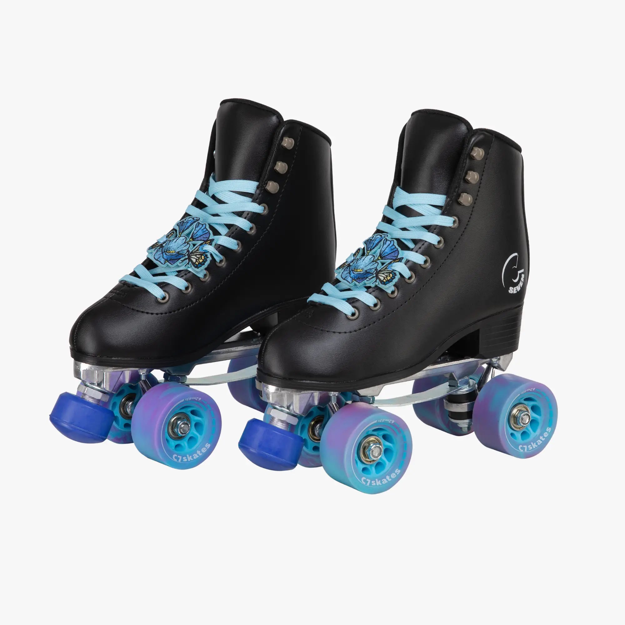 Black roller skates with blue laces and wheels on a white background