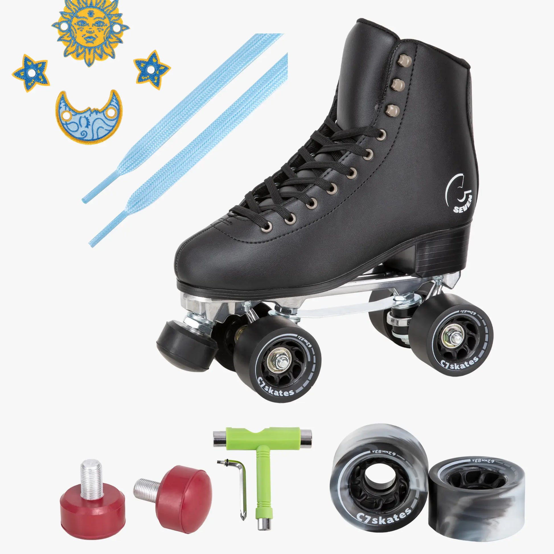 Black roller skate with tools and spare parts on a white background