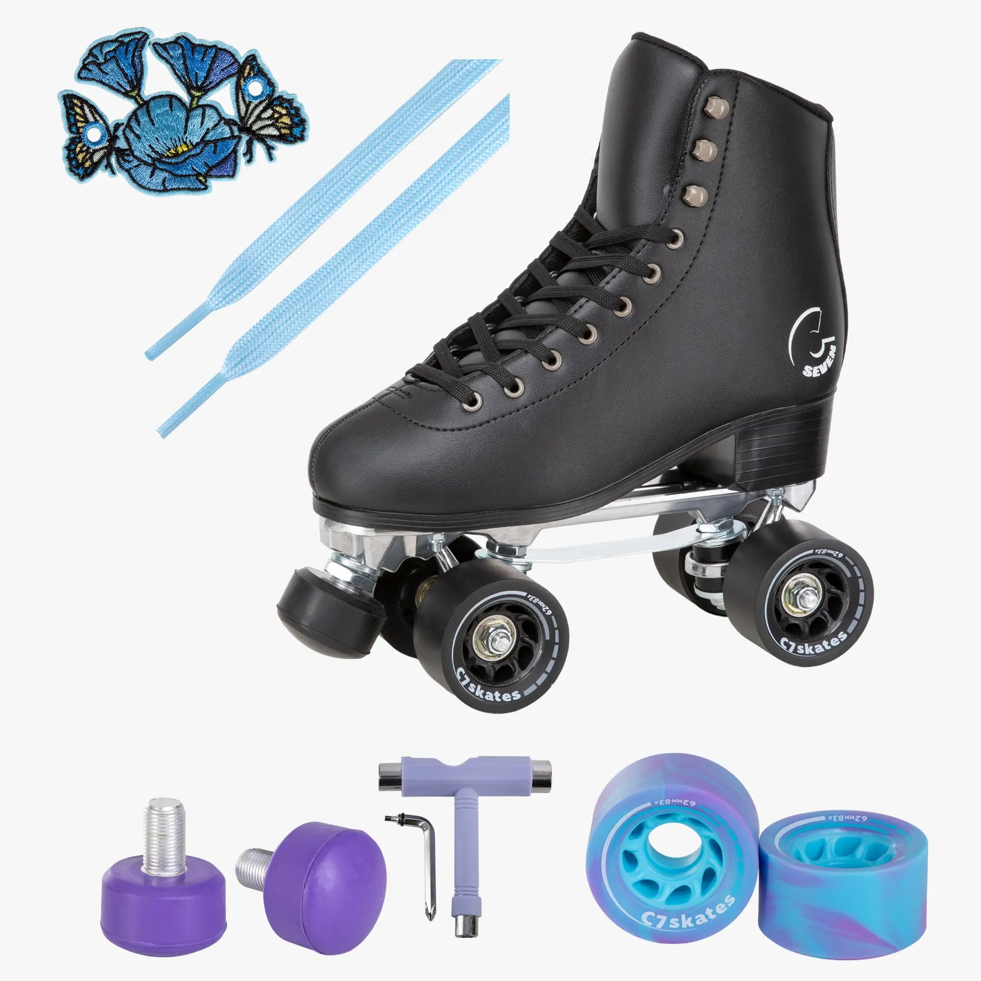 Black roller skate with accessories on a white background