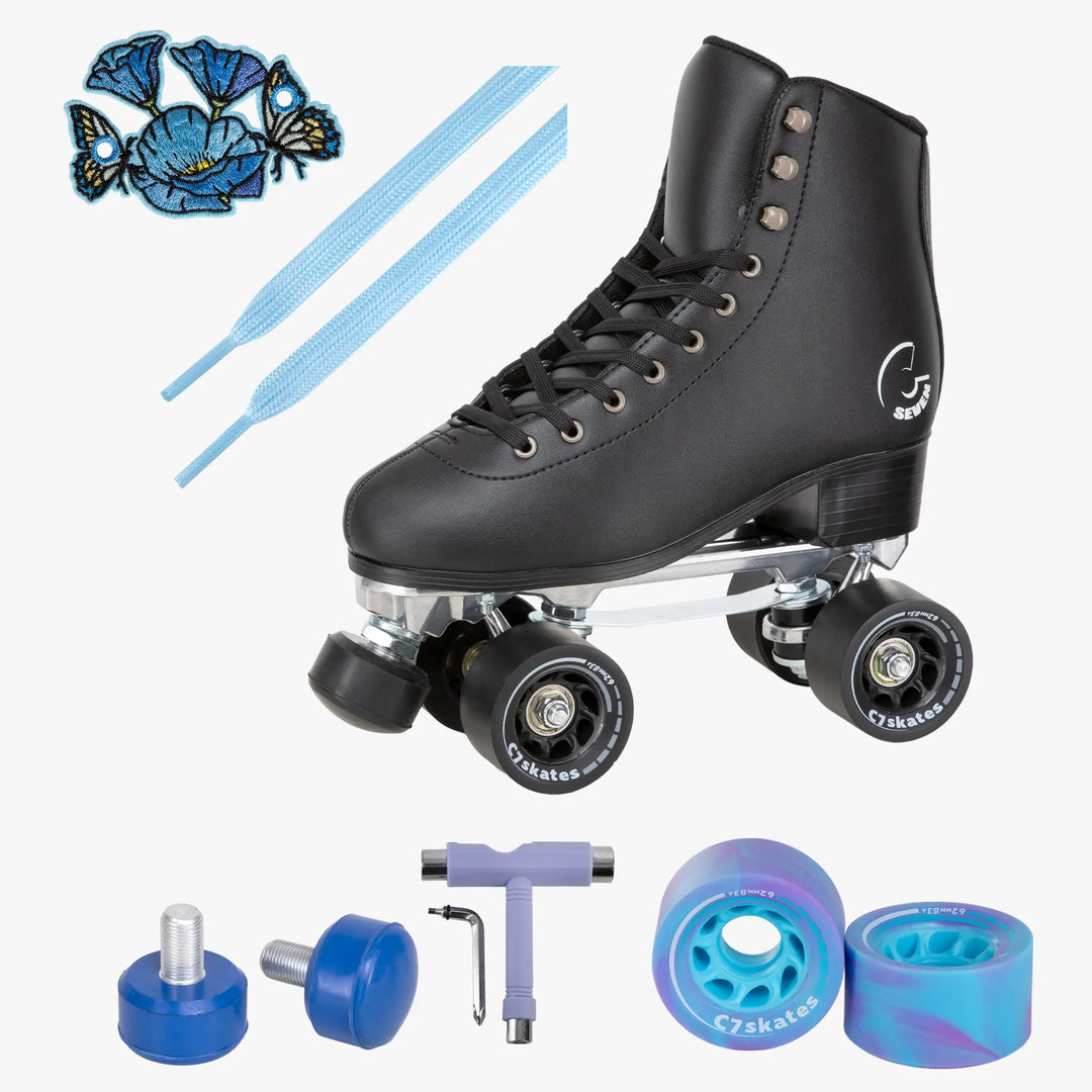 Black roller skate with blue and purple components on a white background