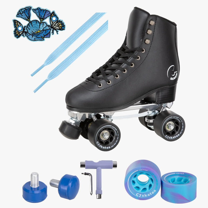 Black roller skate with blue and purple components on a white background