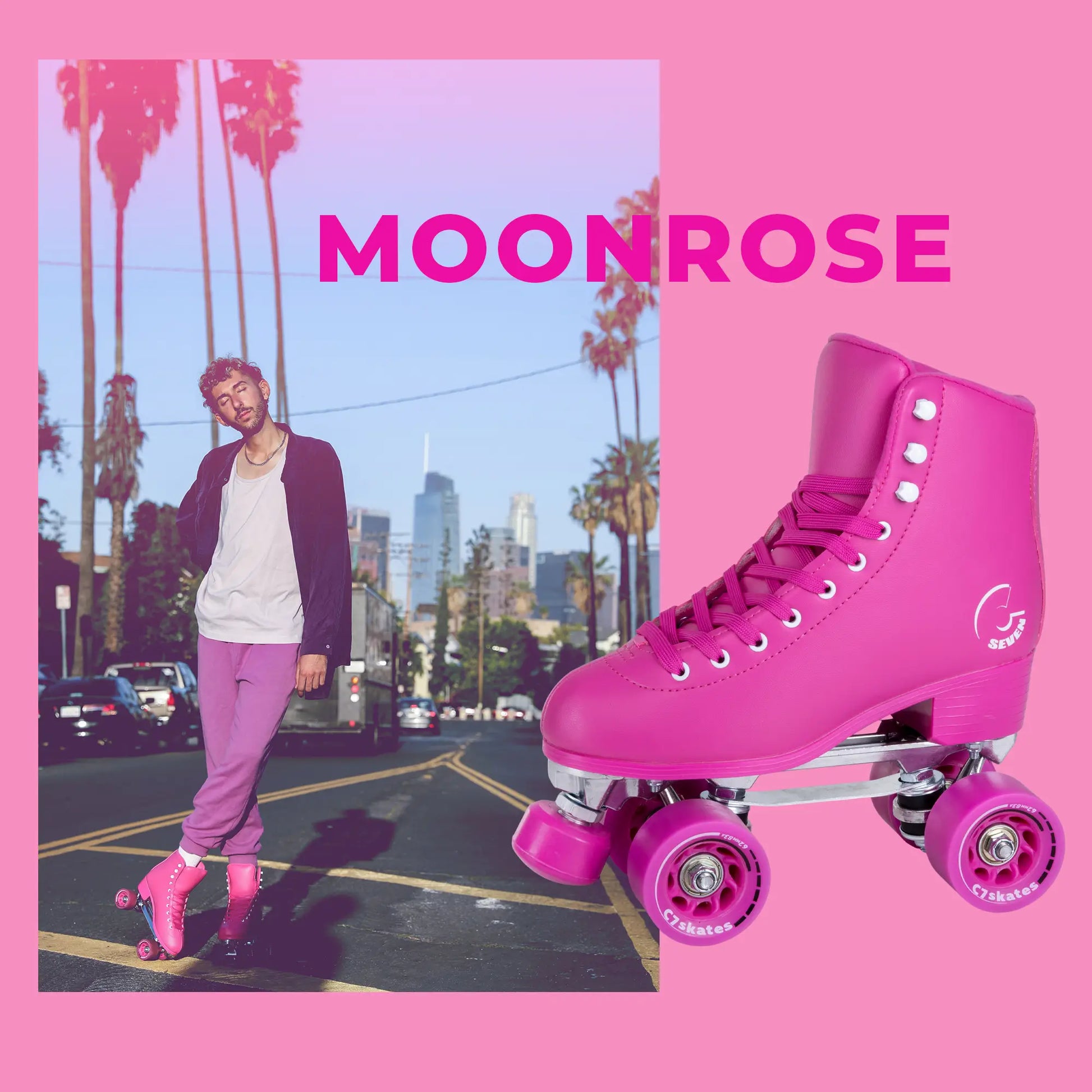 Person roller skating with pink roller skates on a pink background, featuring the brand 'MOONROSE'.
