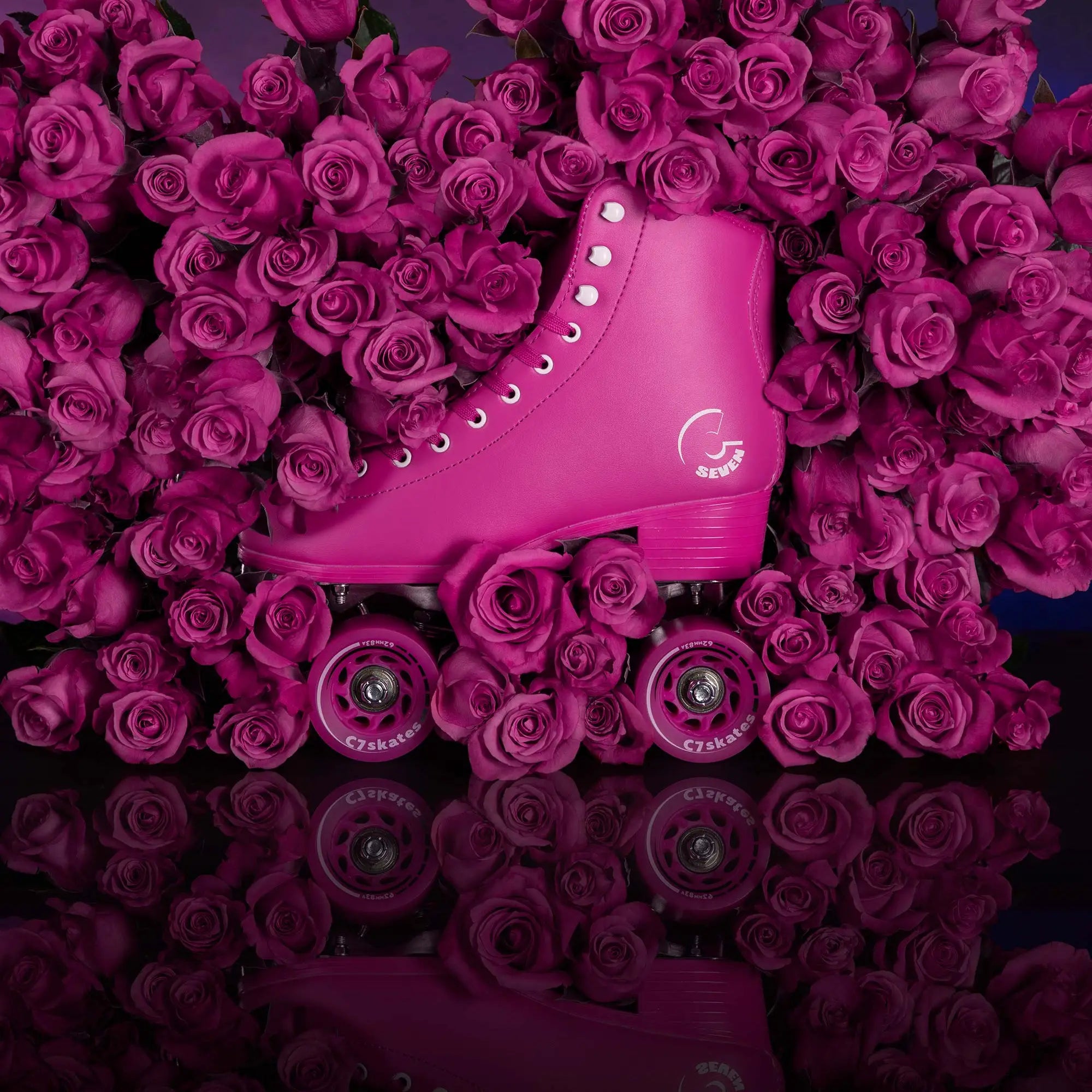 Pink roller skate on a bed of pink roses