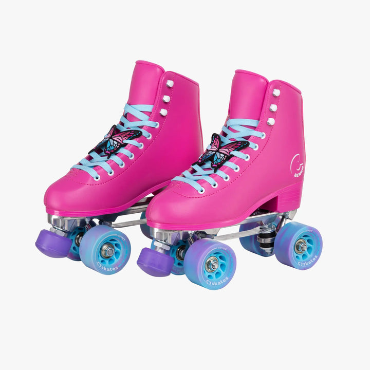 Pink roller skates with butterfly designs on a white background