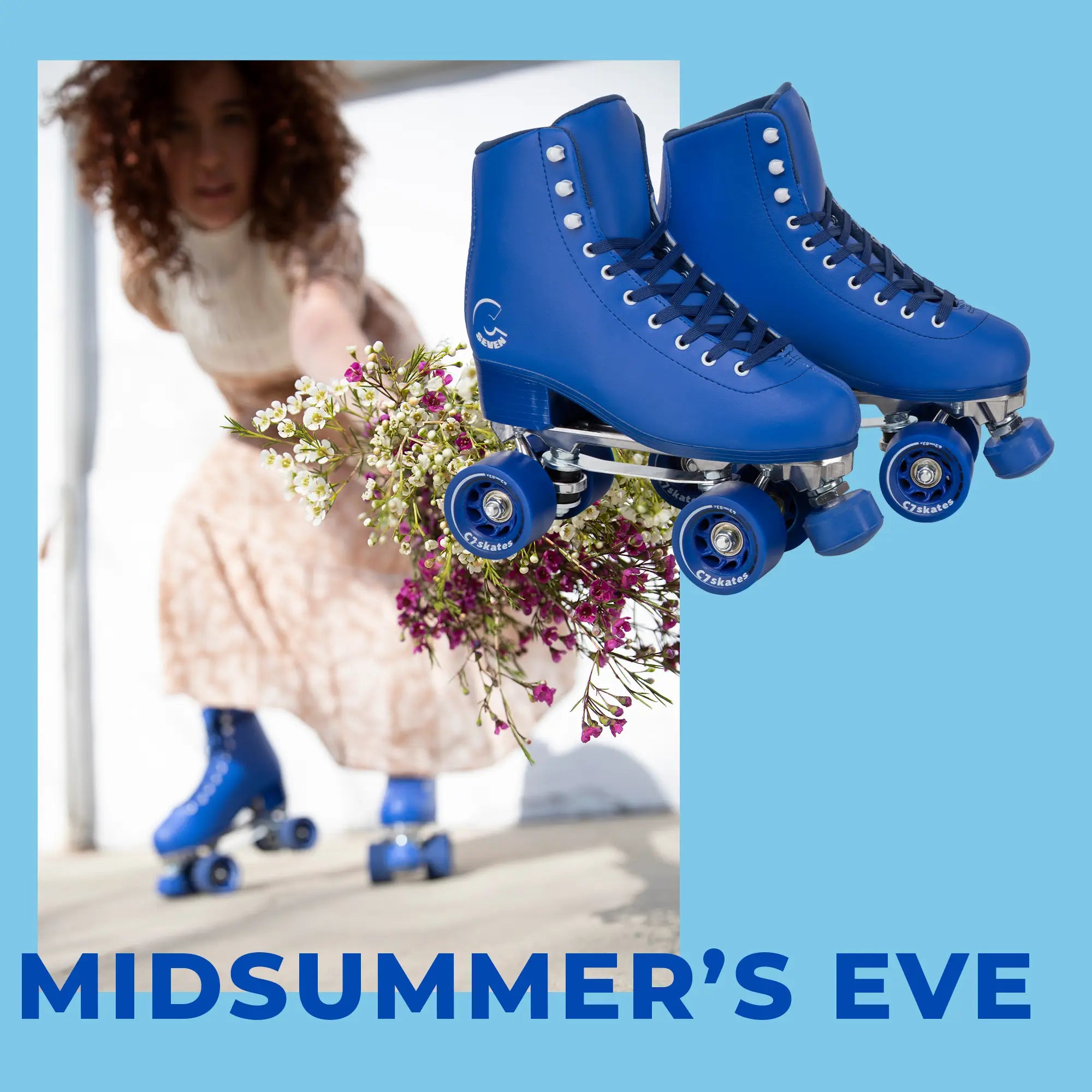 Blue roller skates with a blurred background of a person holding flowers, featuring 'Midsummer's Eve' text.