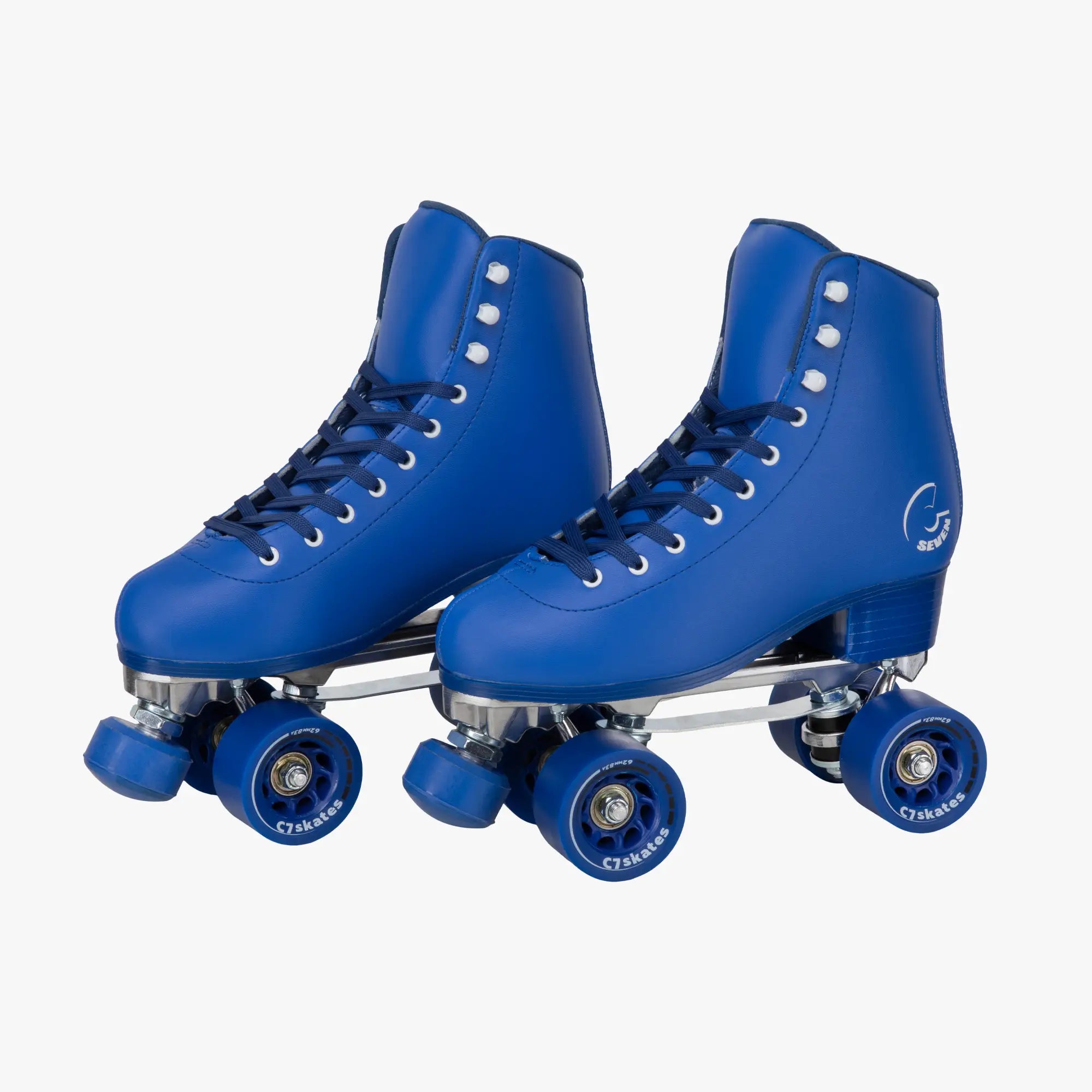 Pair of blue roller skates on a white background