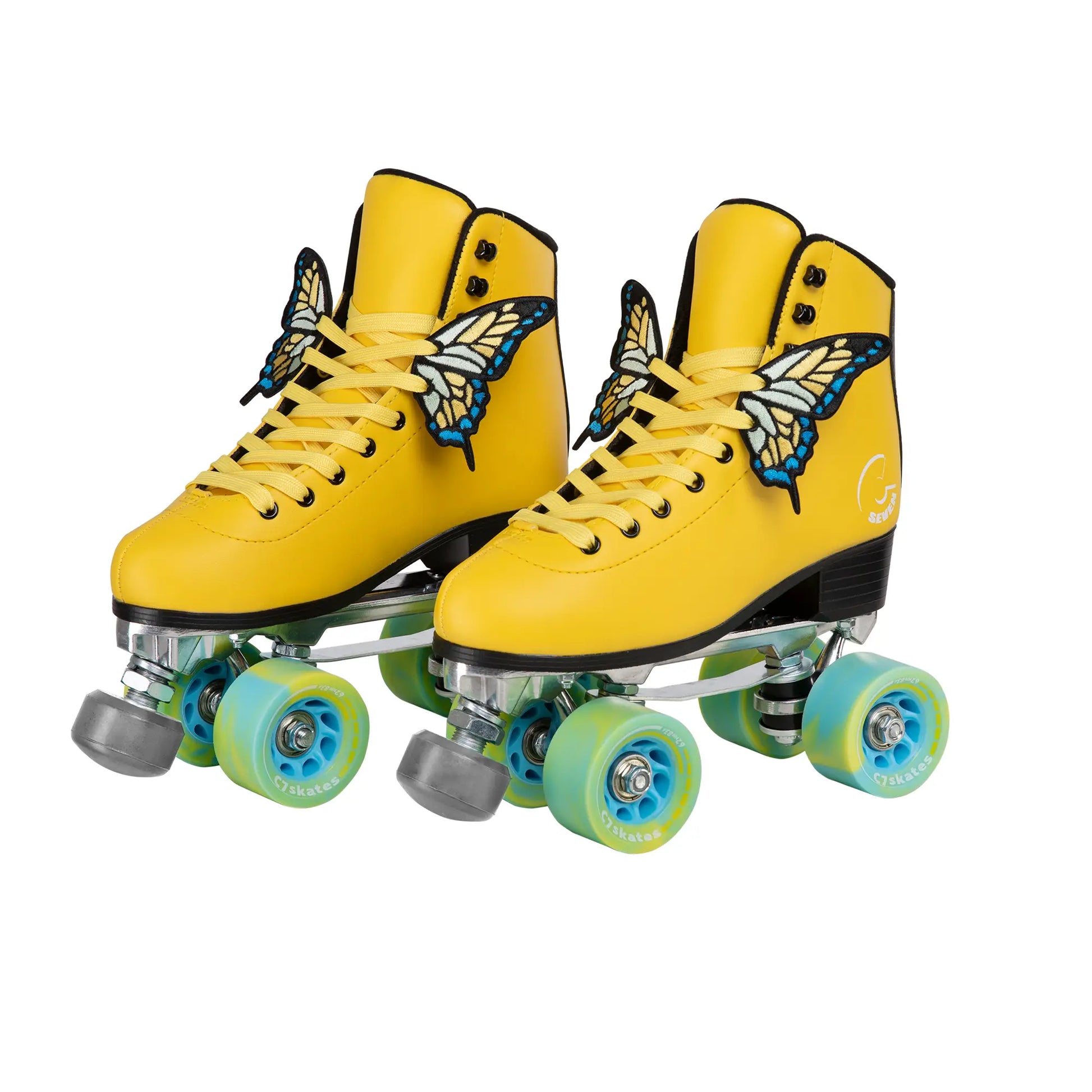 Yellow roller skates with butterfly decorations on a white background