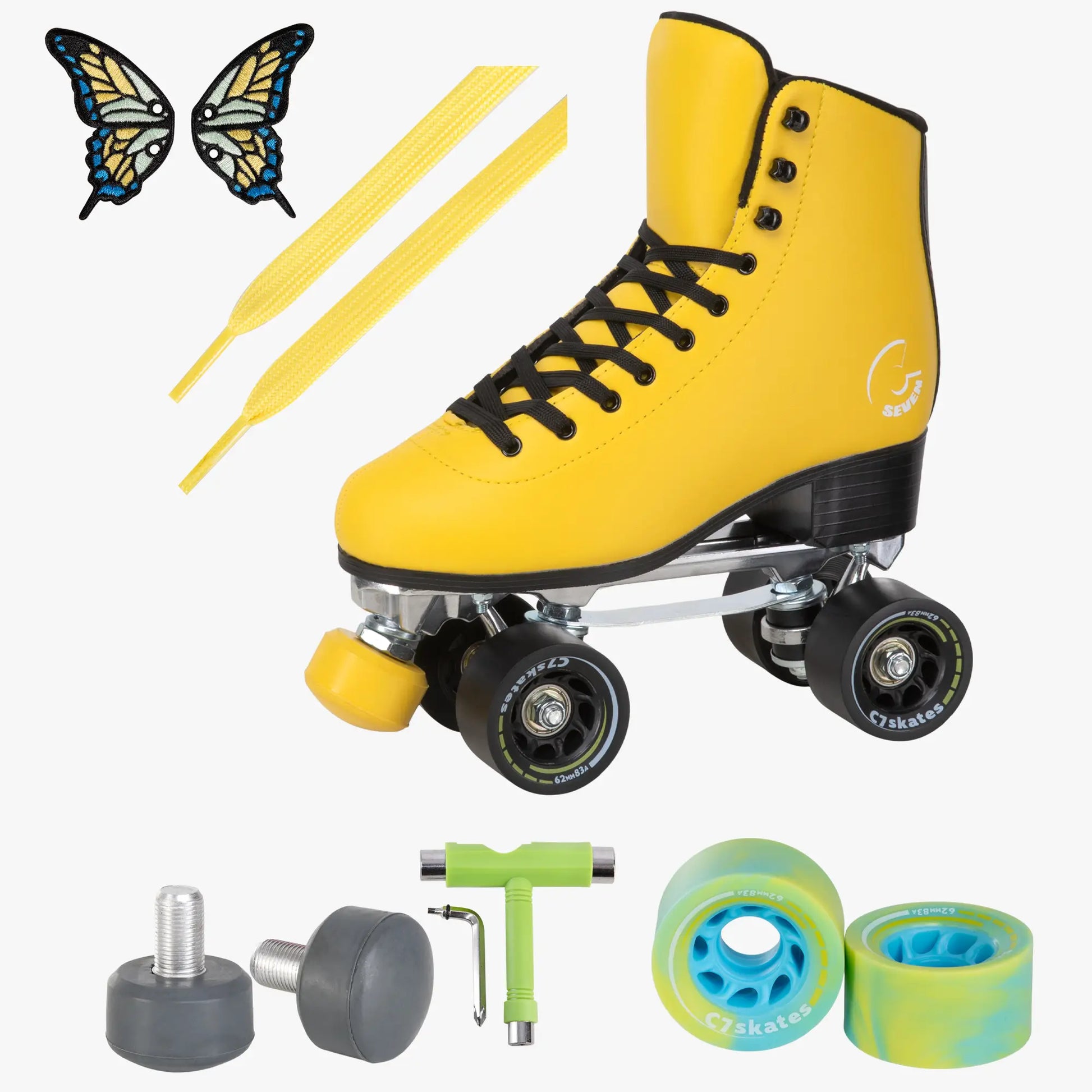 Yellow roller skate with accessories on a white background