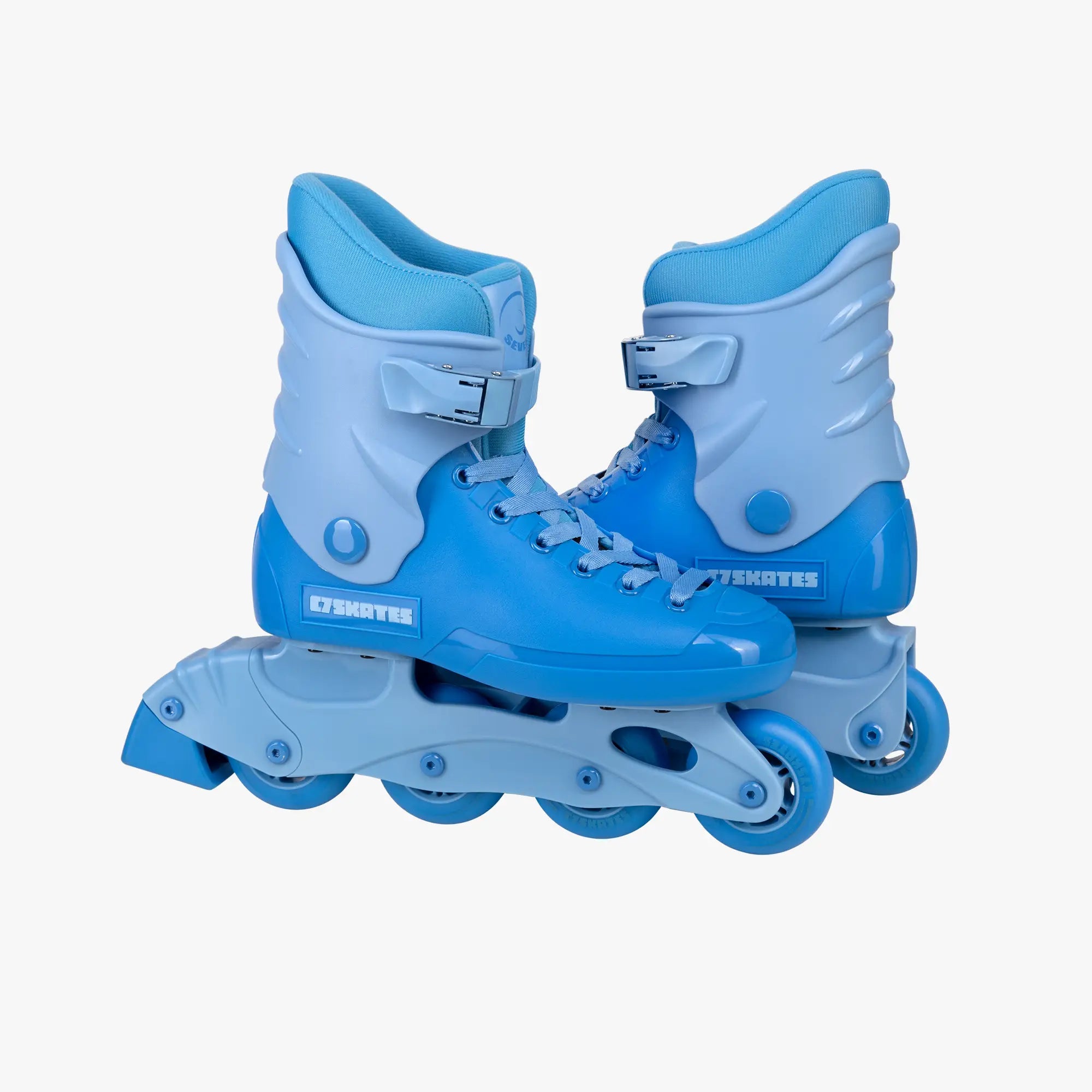 Blue inline skates on a white background
