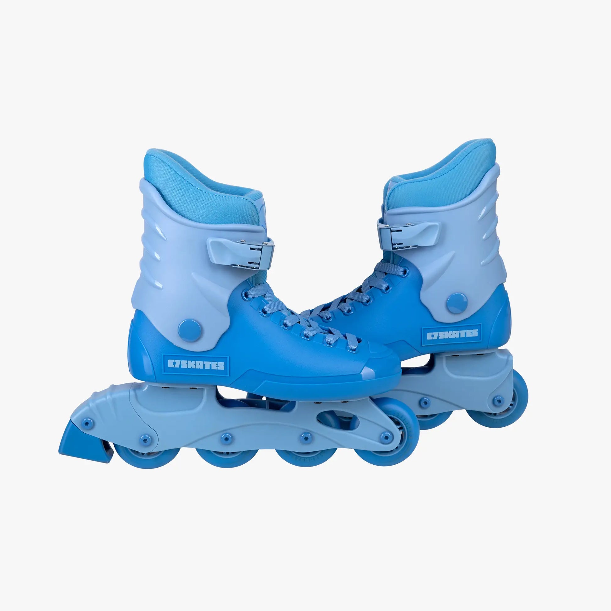 Blue inline skates with white accents on a white background