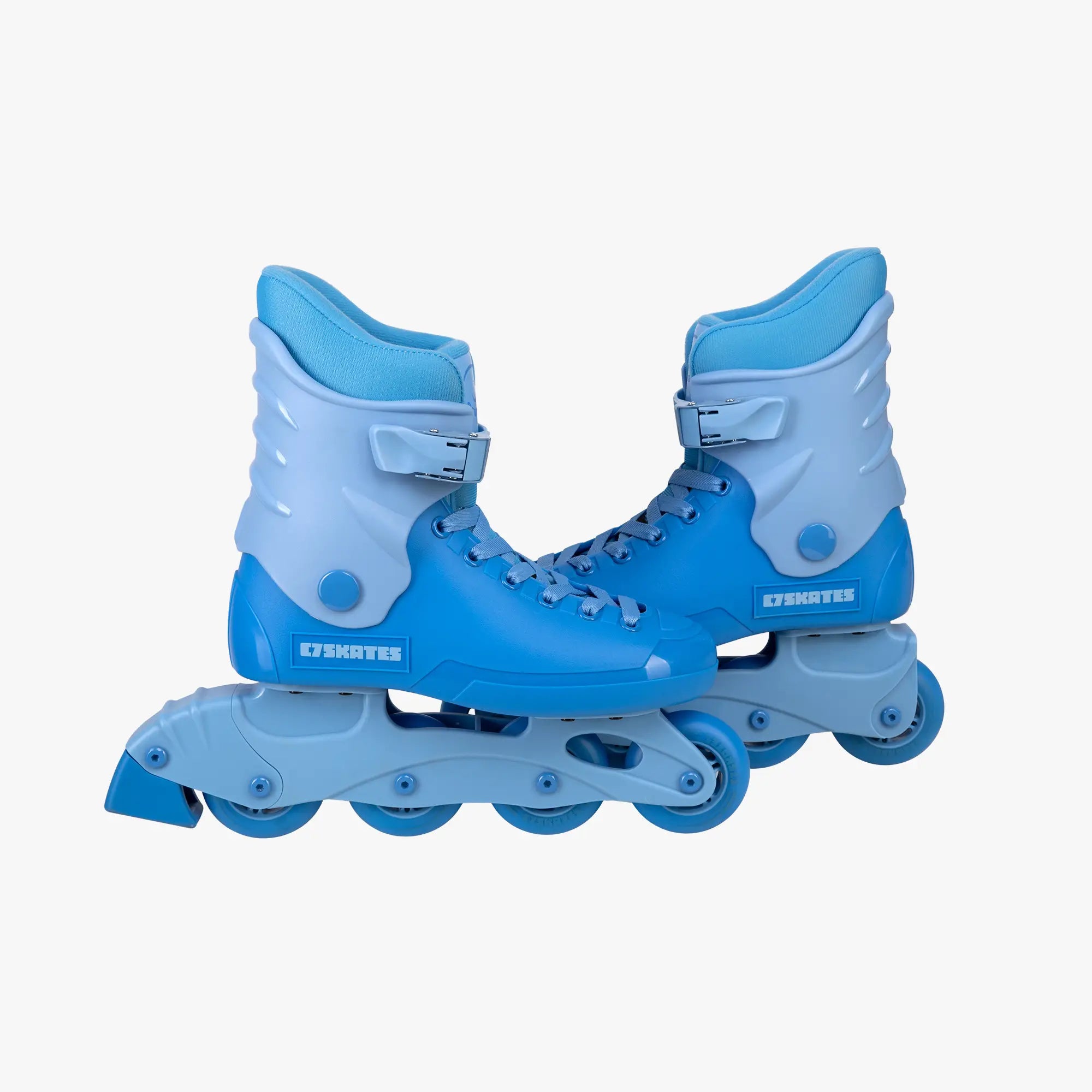 Blue inline skates with white accents on a white background