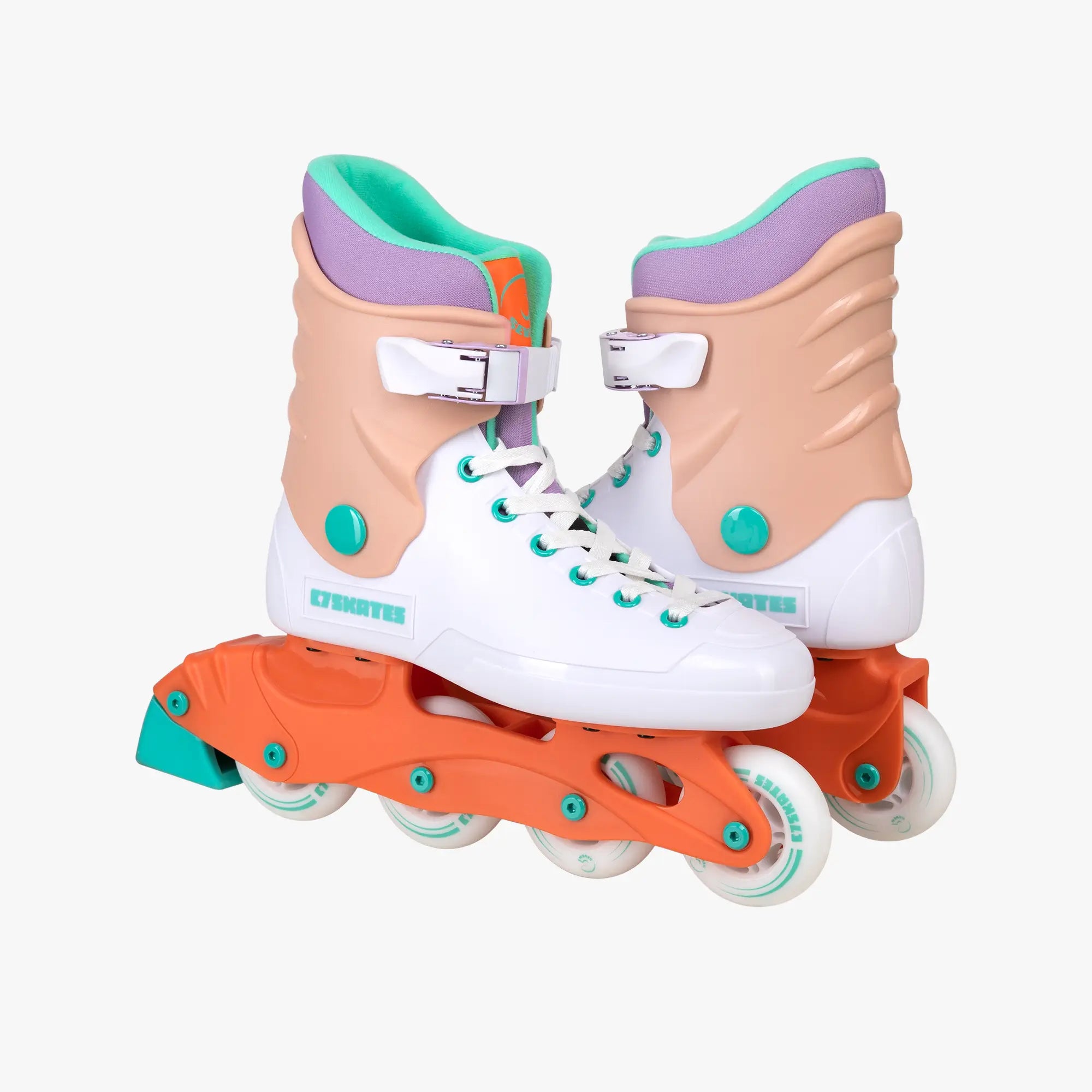 Pair of roller skates with peach, white, and orange design on a white background