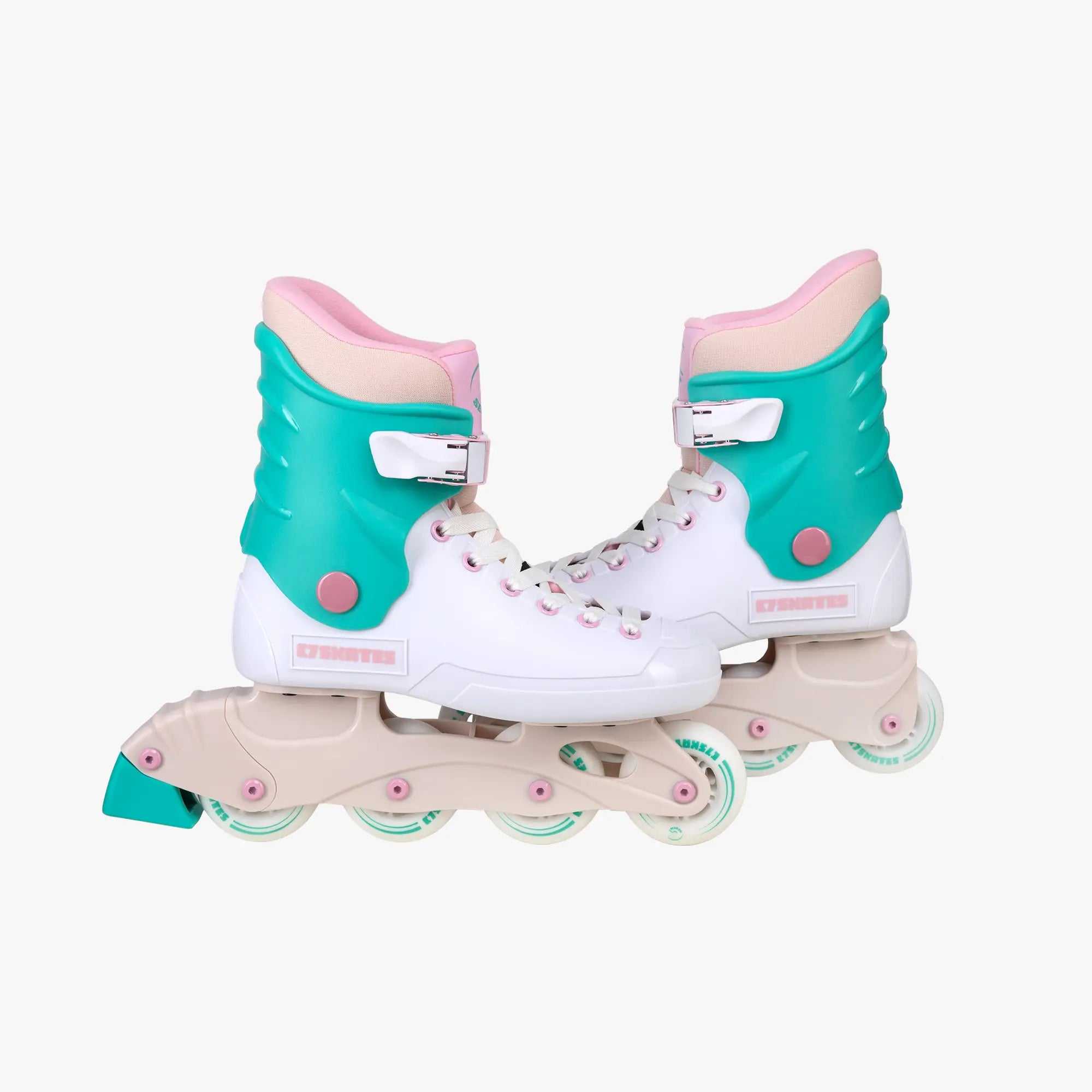 Pair of roller skates with turquoise and white design on a white background