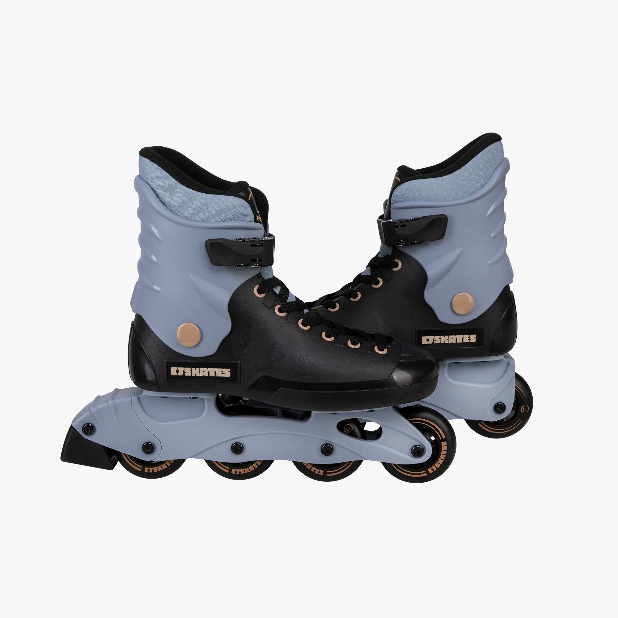 Pair of roller skates with black and gray design on a white background