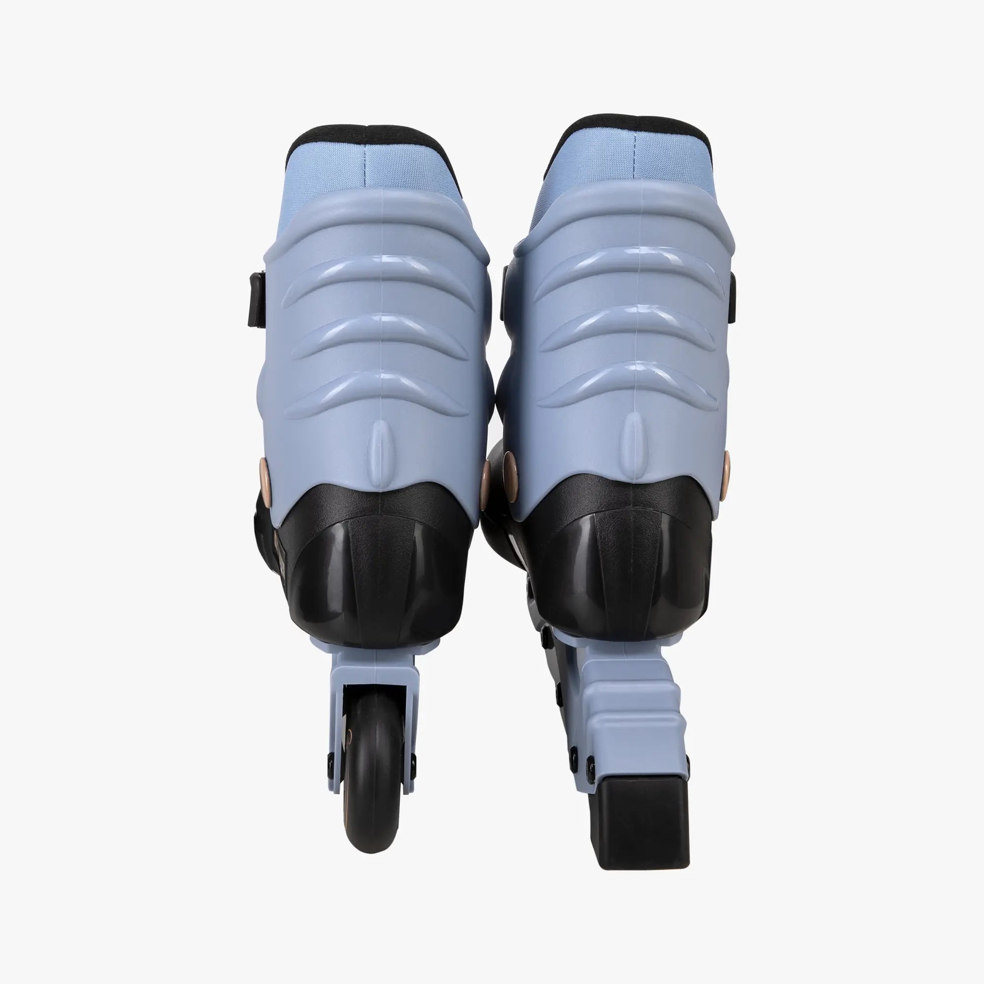 Pair of light blue roller skates with black wheels on a white background