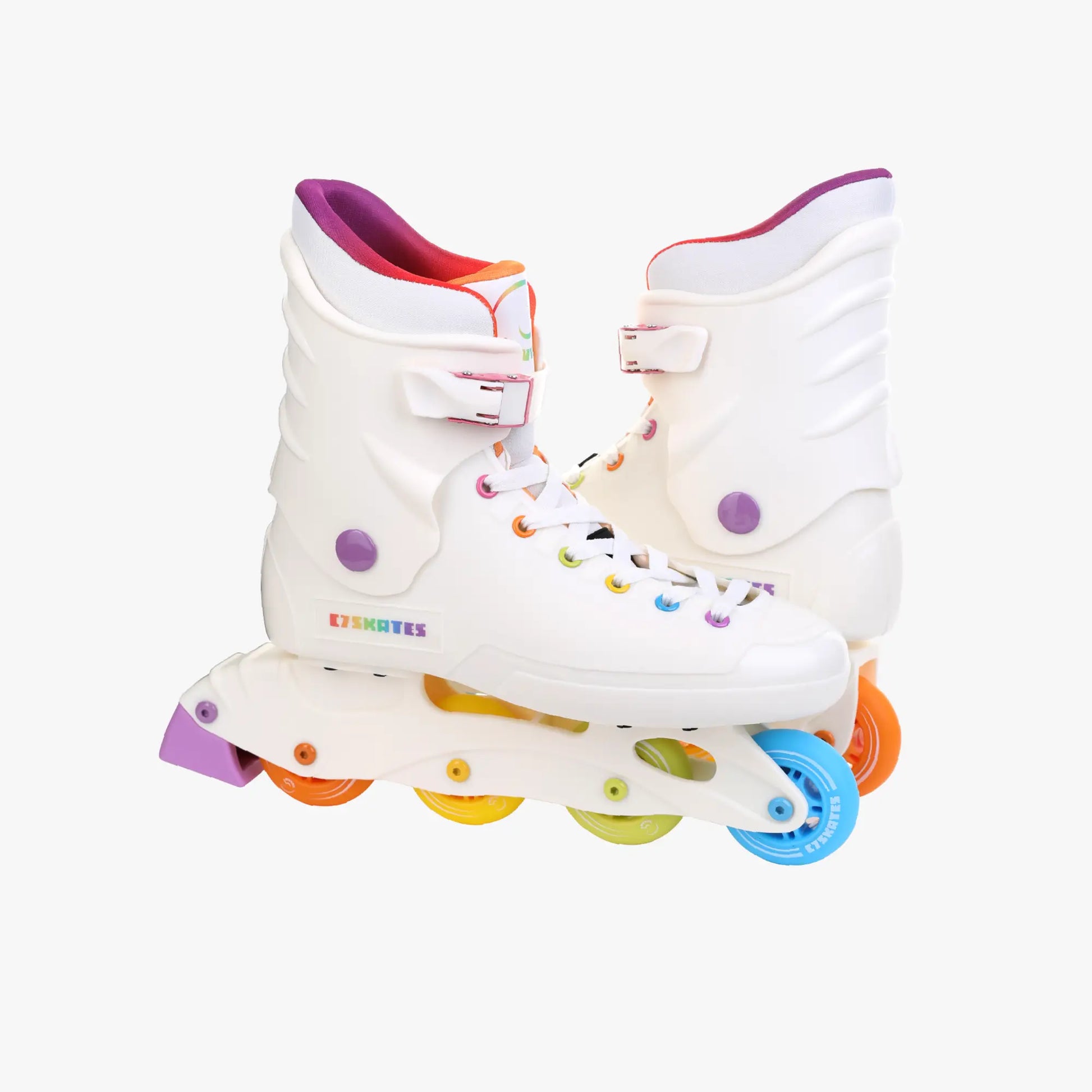 Colorful roller skates with multicolored wheels on a white background featuring the brand 'C7Skates'.