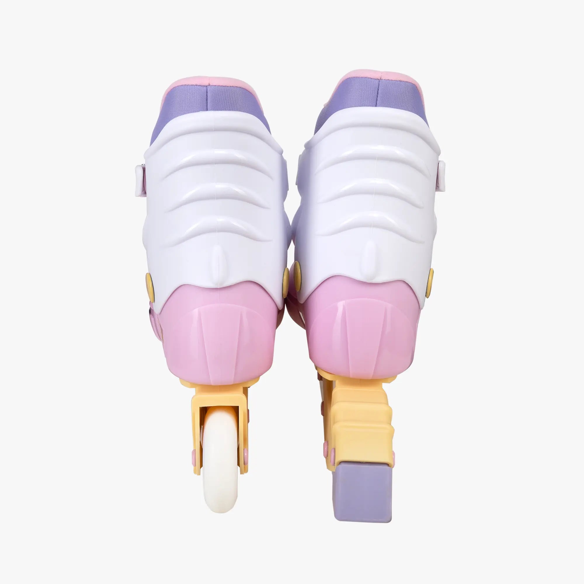 Pair of roller skates with white, pink, and purple design on a white background