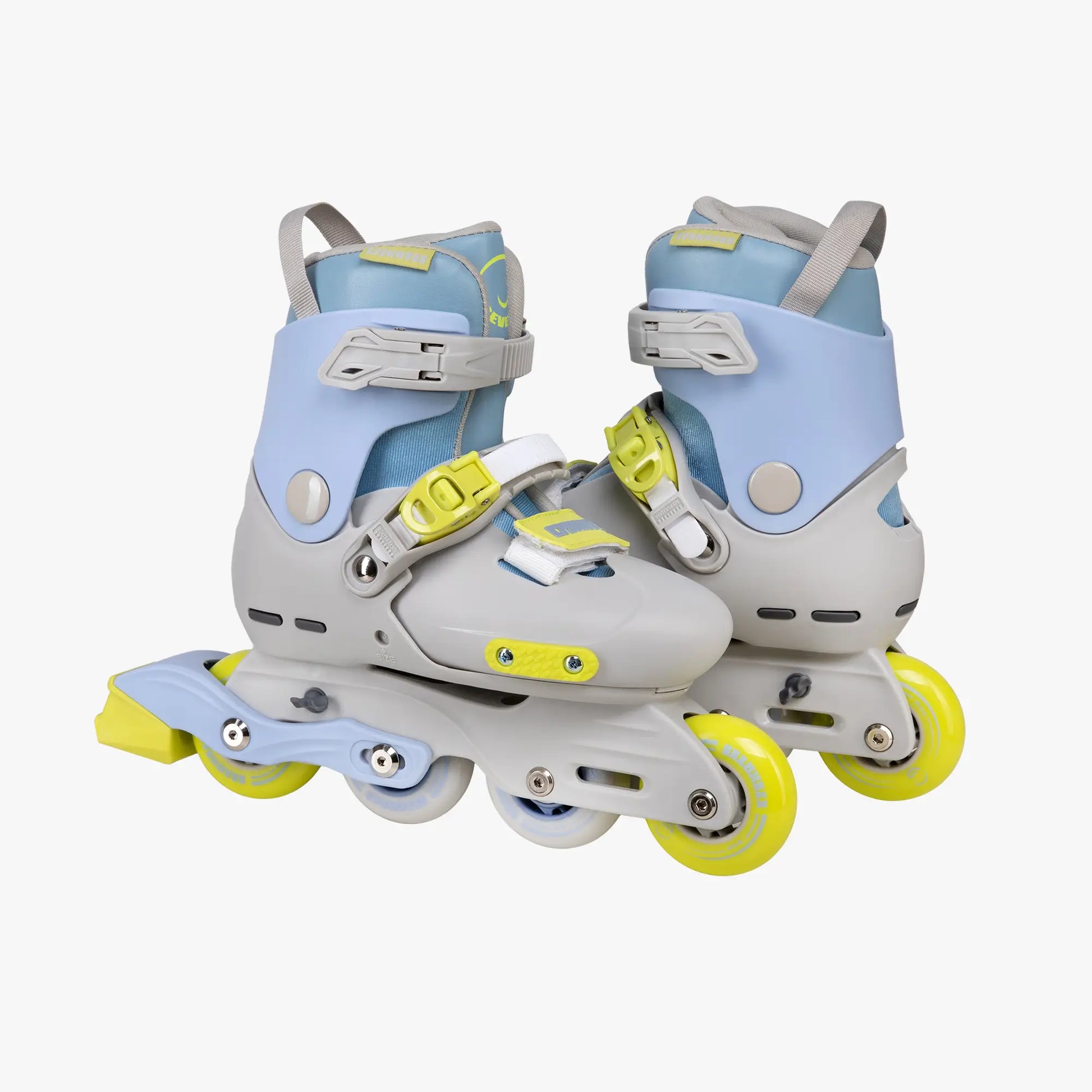 Pair of adjustable inline skates with light blue and gray design on a white background