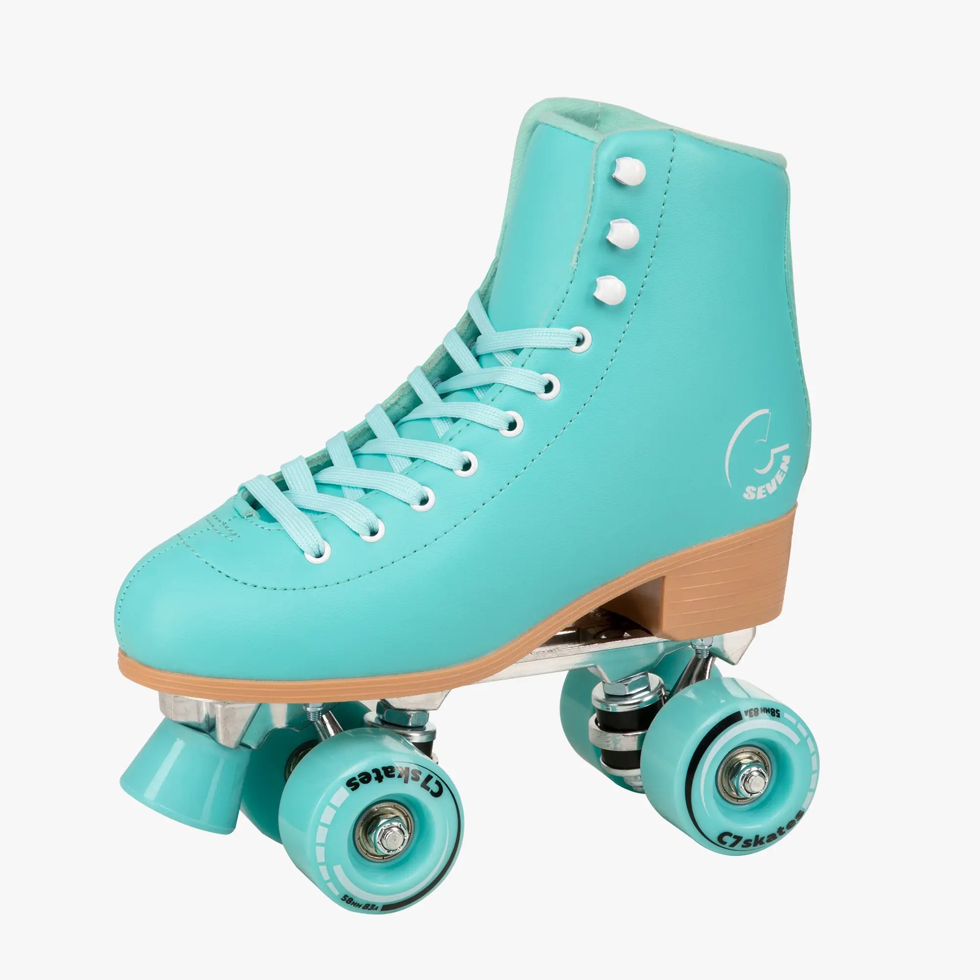 Turquoise roller skate with wooden accents on a white background