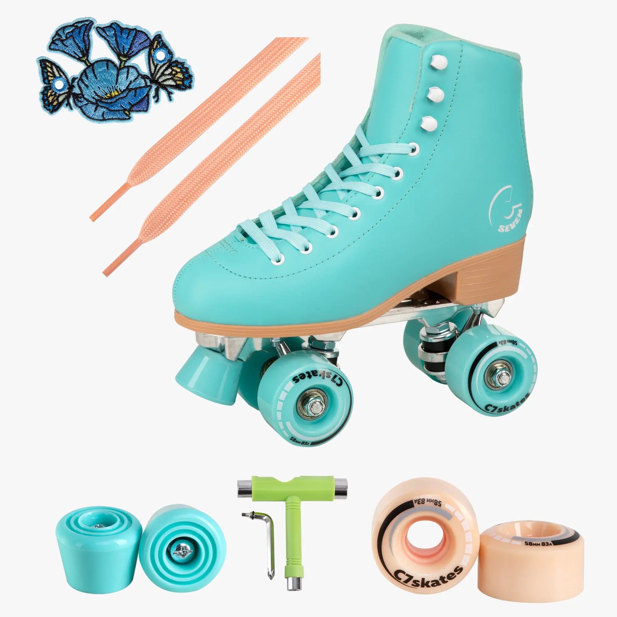 Turquoise roller skate with accessories on a white background
