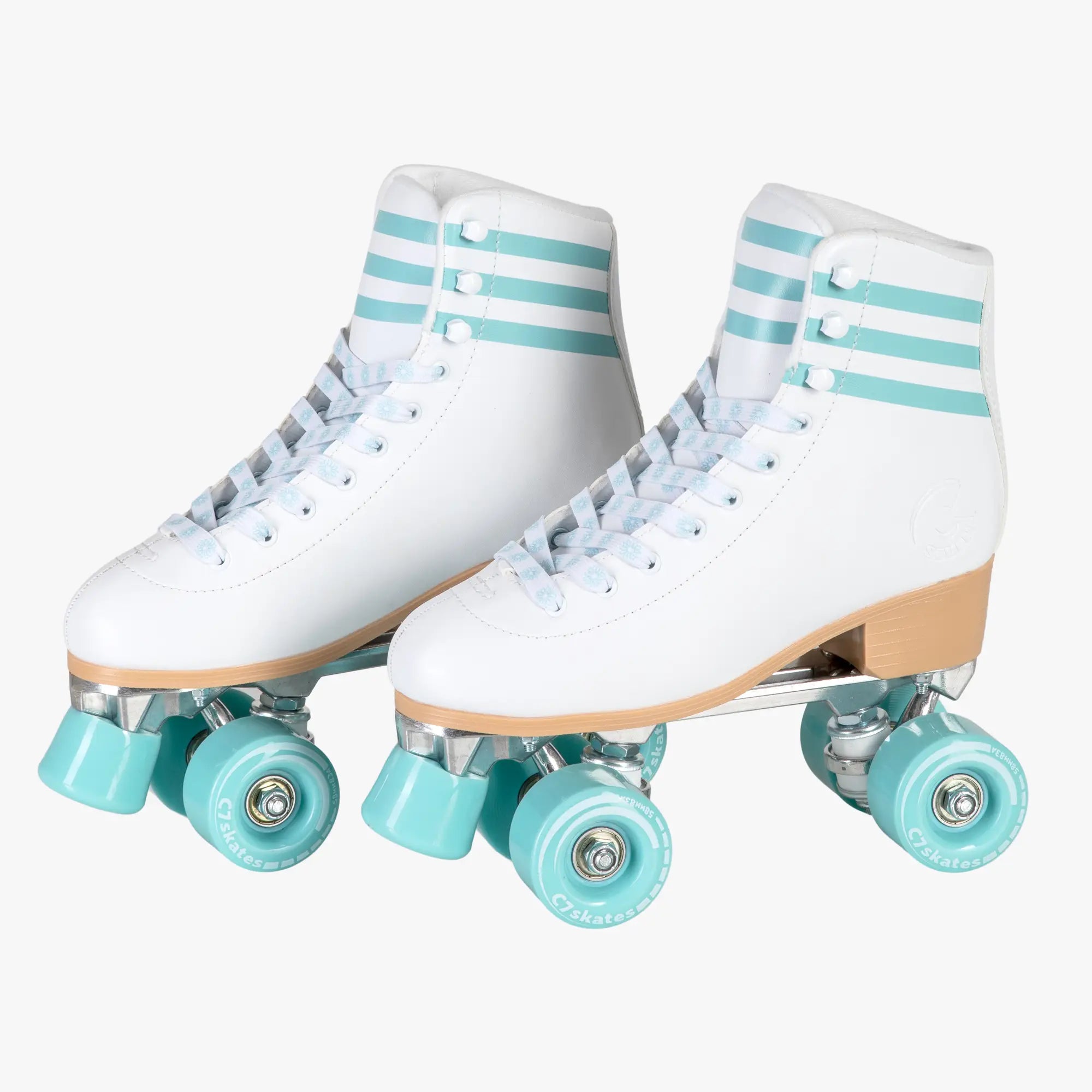 White roller skates with turquoise stripes and wheels on a white background