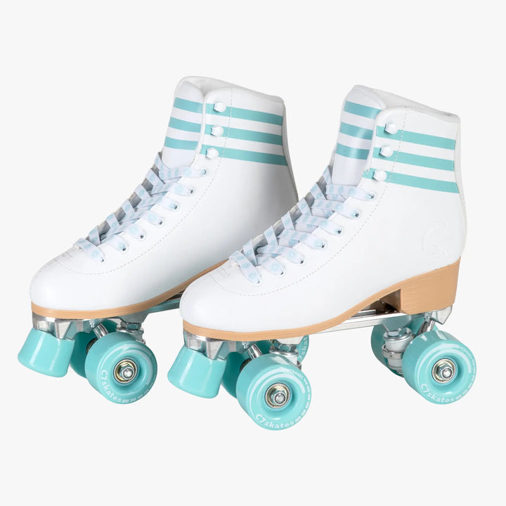 White roller skates with turquoise stripes and wheels on a white background
