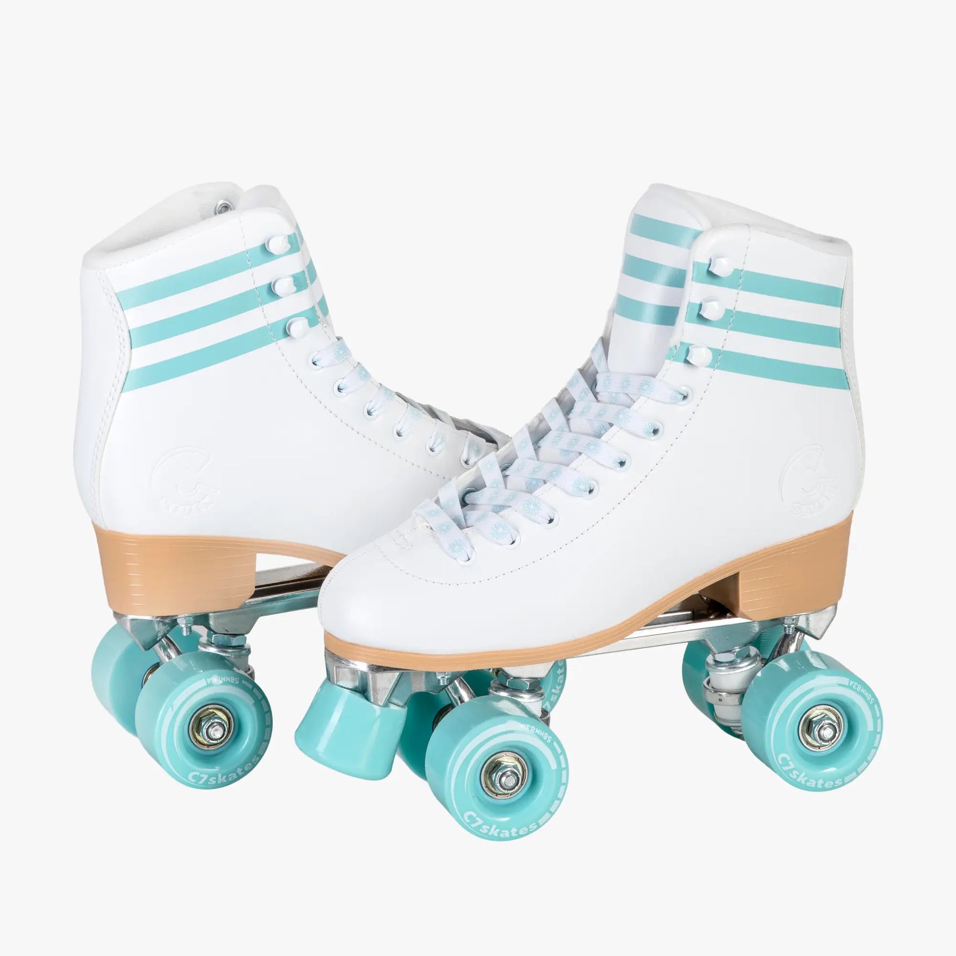 White roller skates with turquoise wheels on a white background