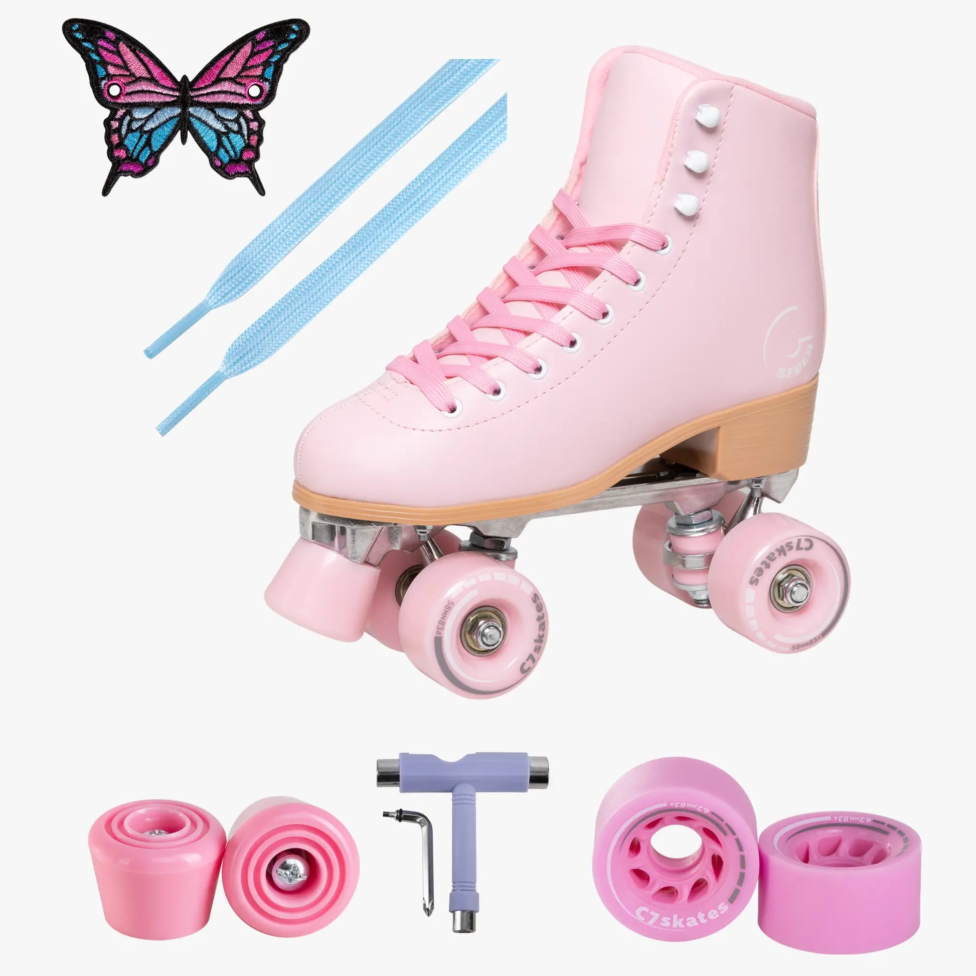 Pink roller skates with accessories on a white background