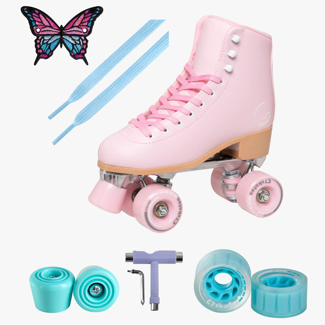 Pink roller skate with accessories including butterfly, blue shoelaces, and turquoise wheels on a white background