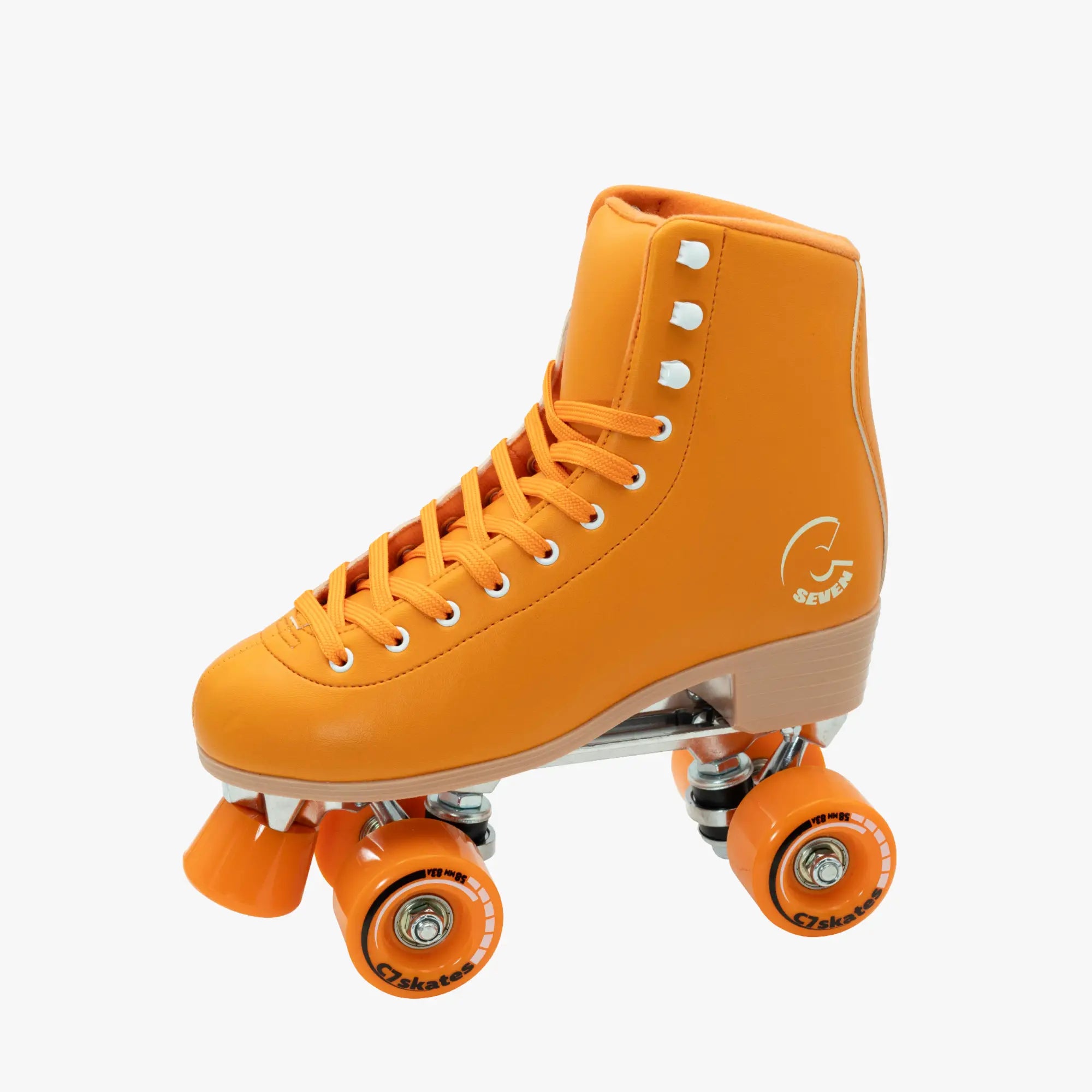 Orange roller skate with white laces on a white background featuring the brand 'C7Skates' 