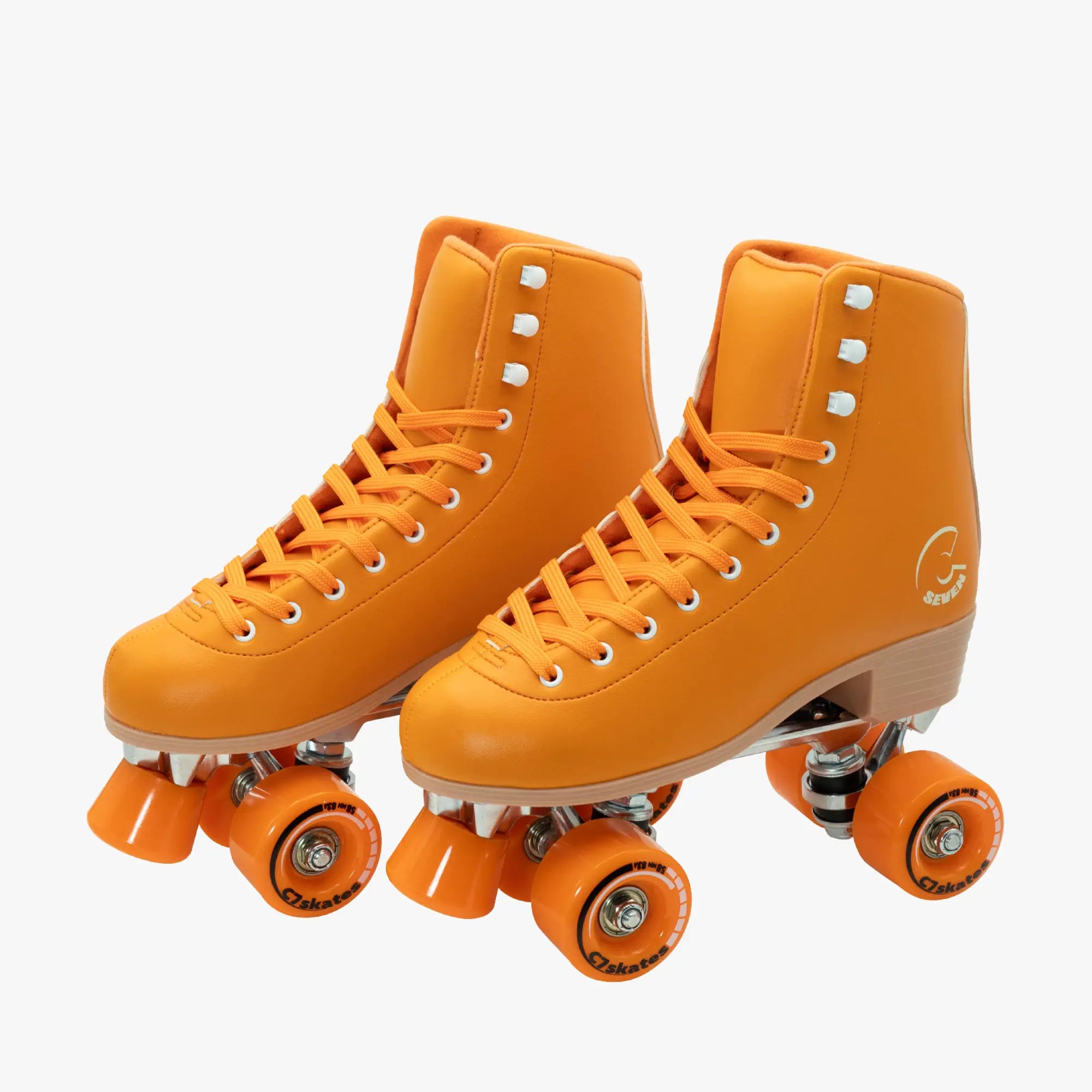 Pair of orange roller skates on a white background featuring the brand 'C7Skates'
