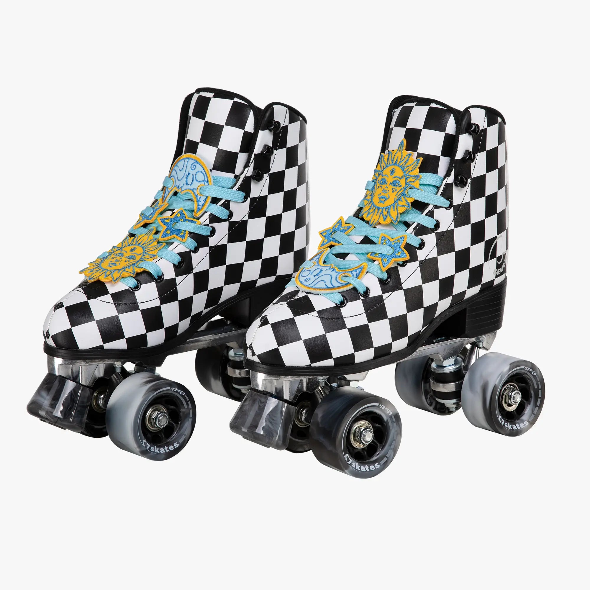 Pair of checkered roller skates with decorative elements on a white background