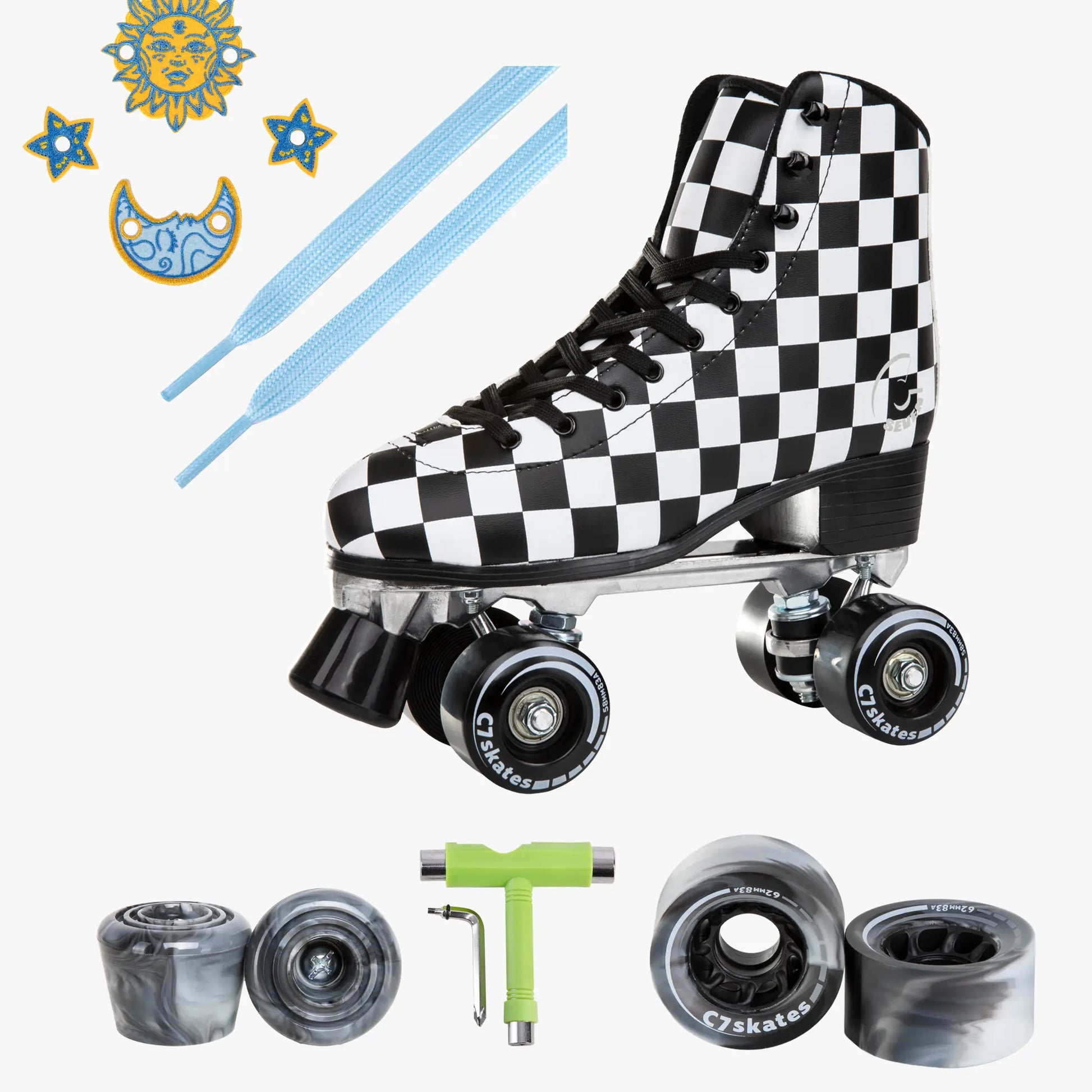 Checkered roller skate with additional wheels and tool on a white background