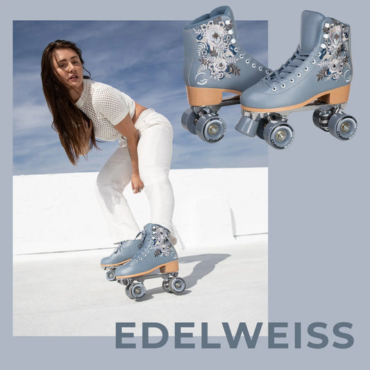 Woman with gray roller skates and 'EDELWEISS' branding against a blue sky.