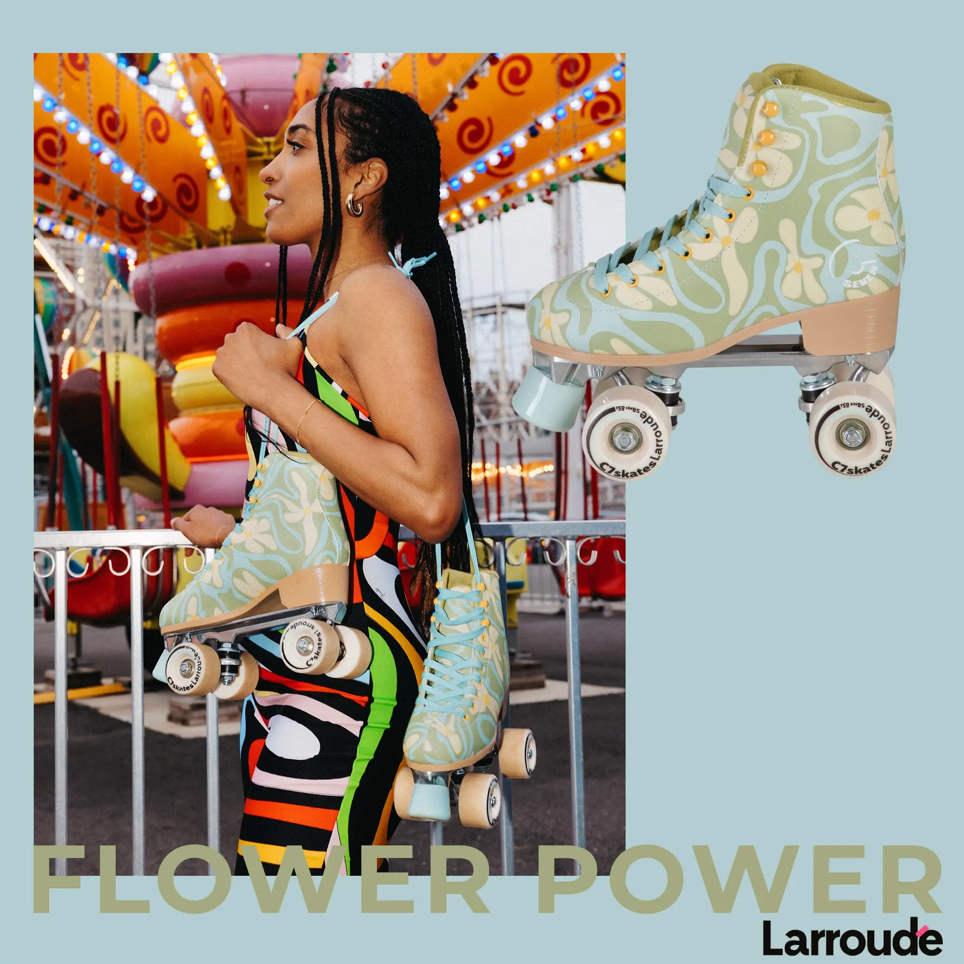 Woman with colorful roller skates at a carnival, with 'Larroude' branding.