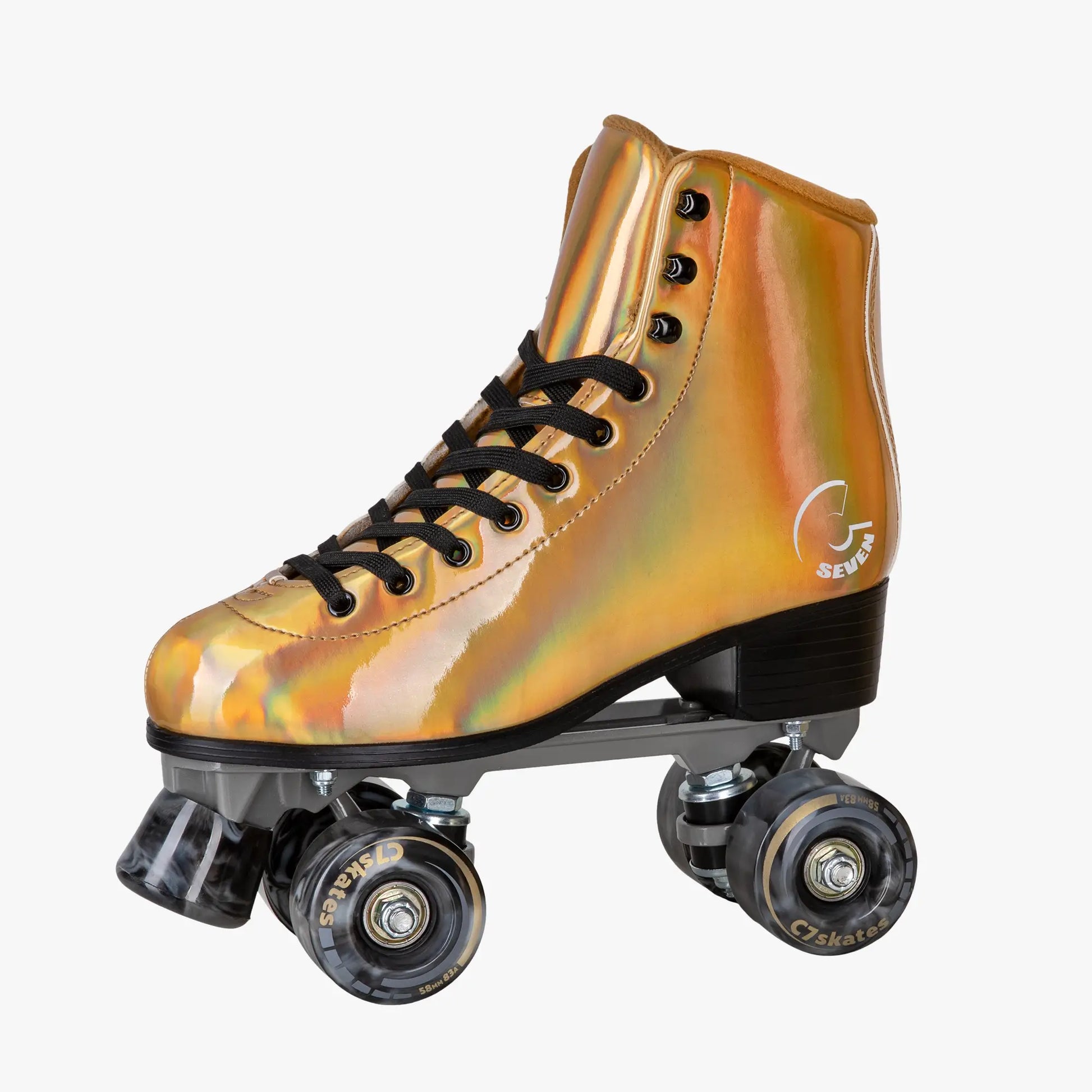 Gold reflective roller skate on a white background