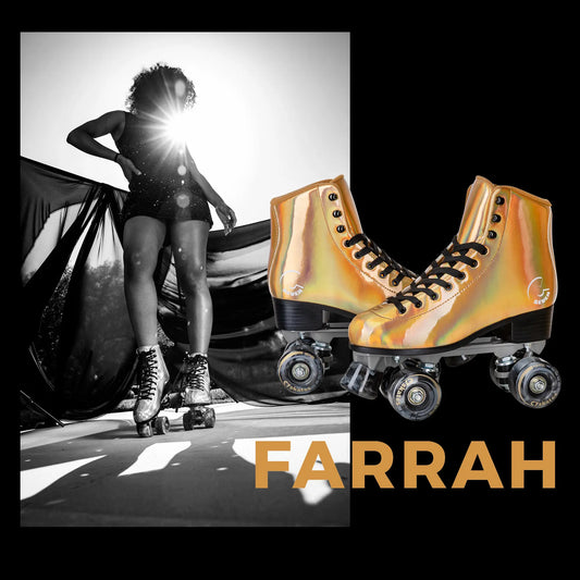 Roller skates with 'Farrah' branding on a black background
