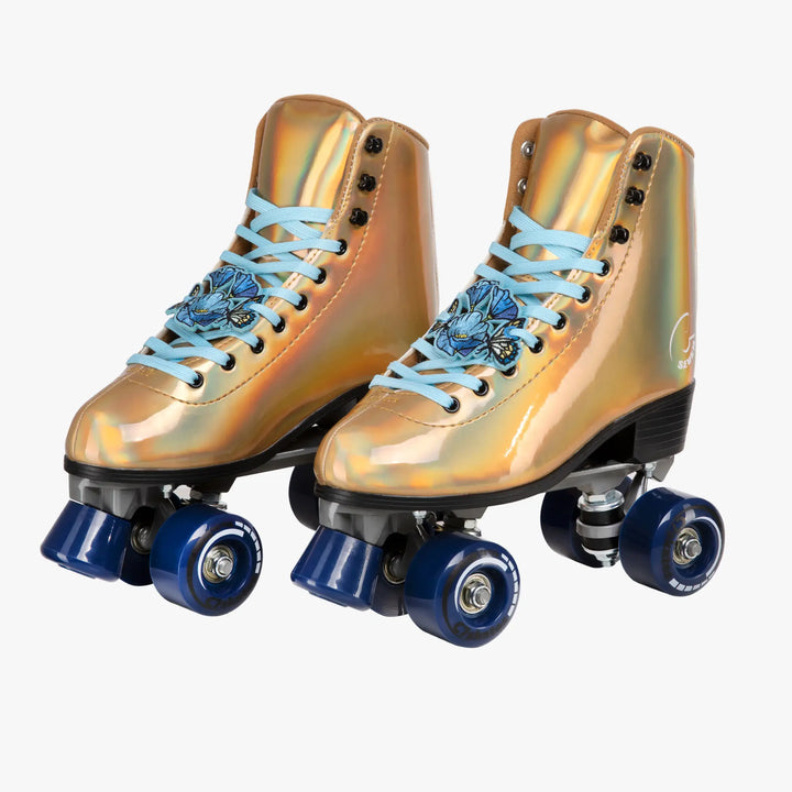 Gold metallic roller skates with blue laces on a white background