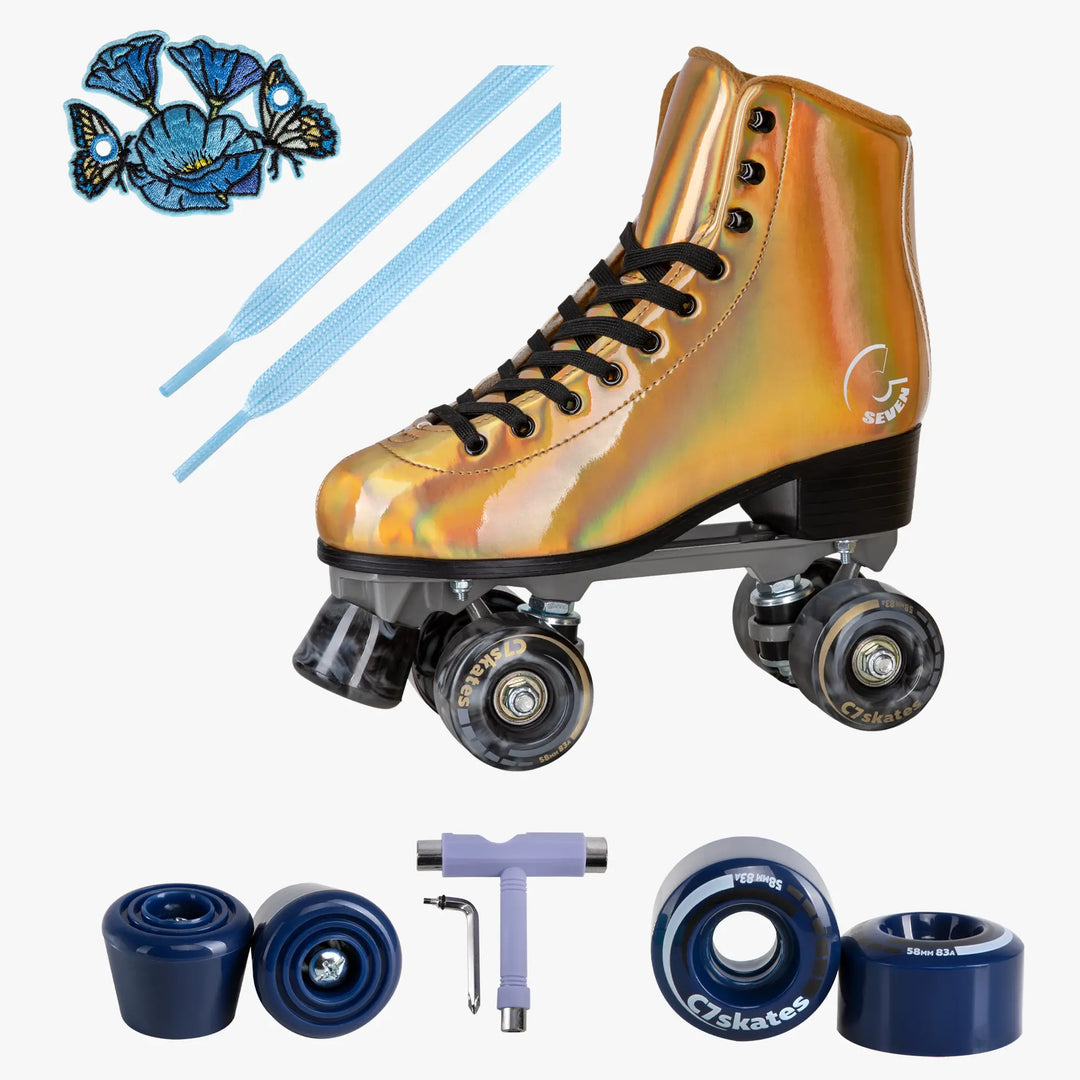 Golden roller skate with accessories on a white background