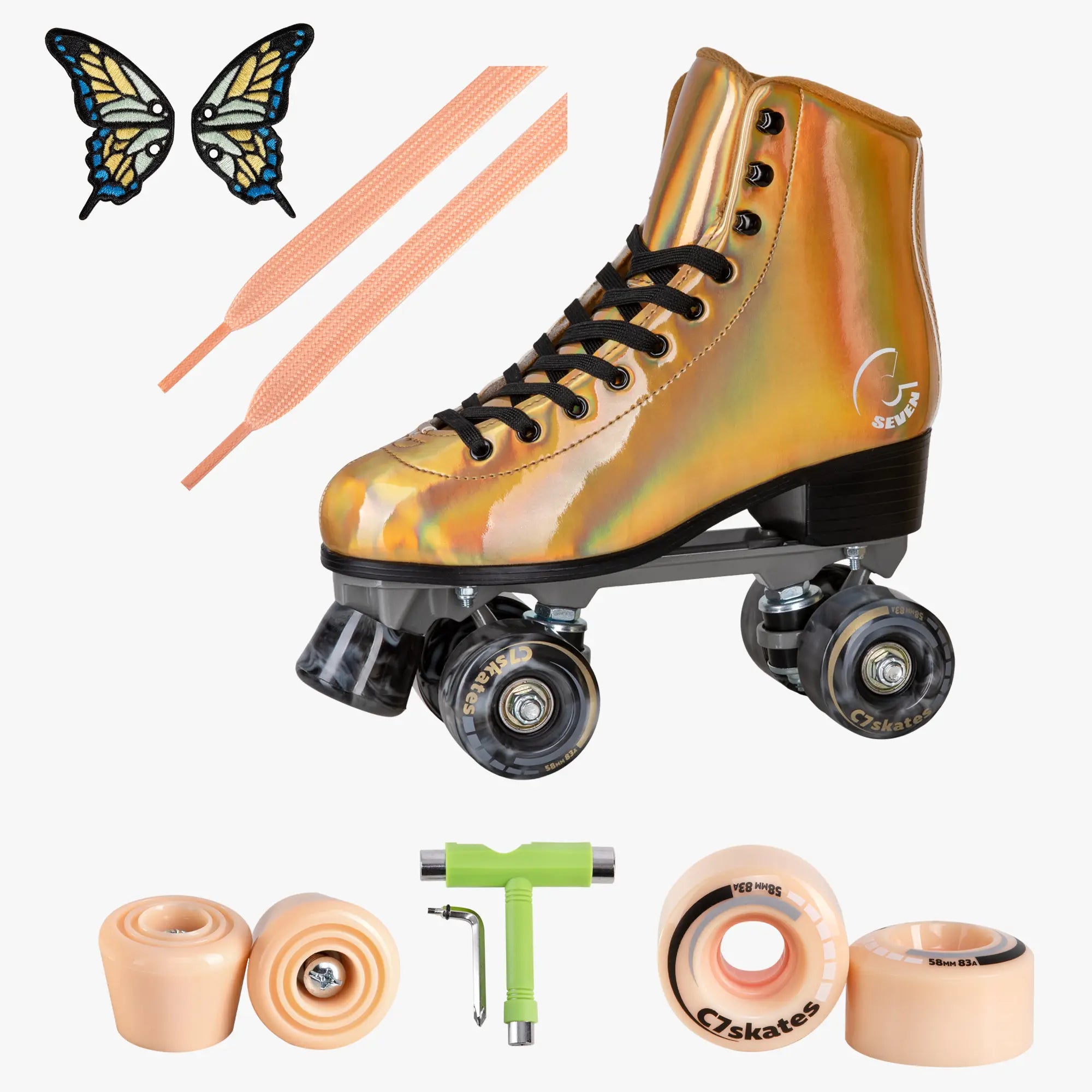Multicolored roller skate with accessories on a white background
