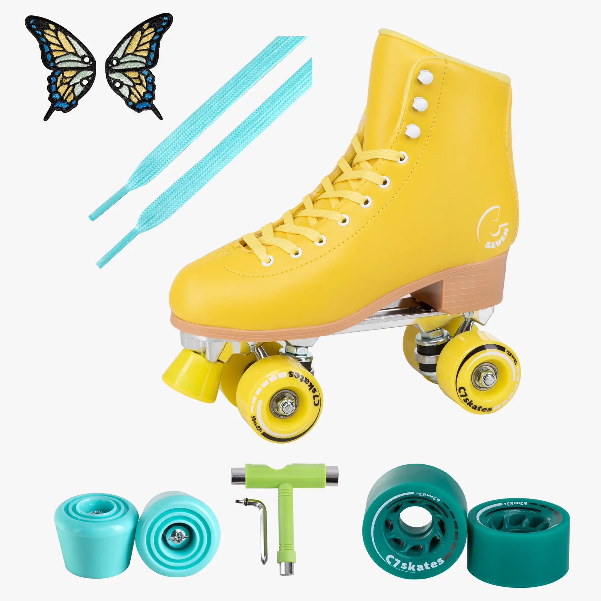 Yellow roller skates with accessories on a white background
